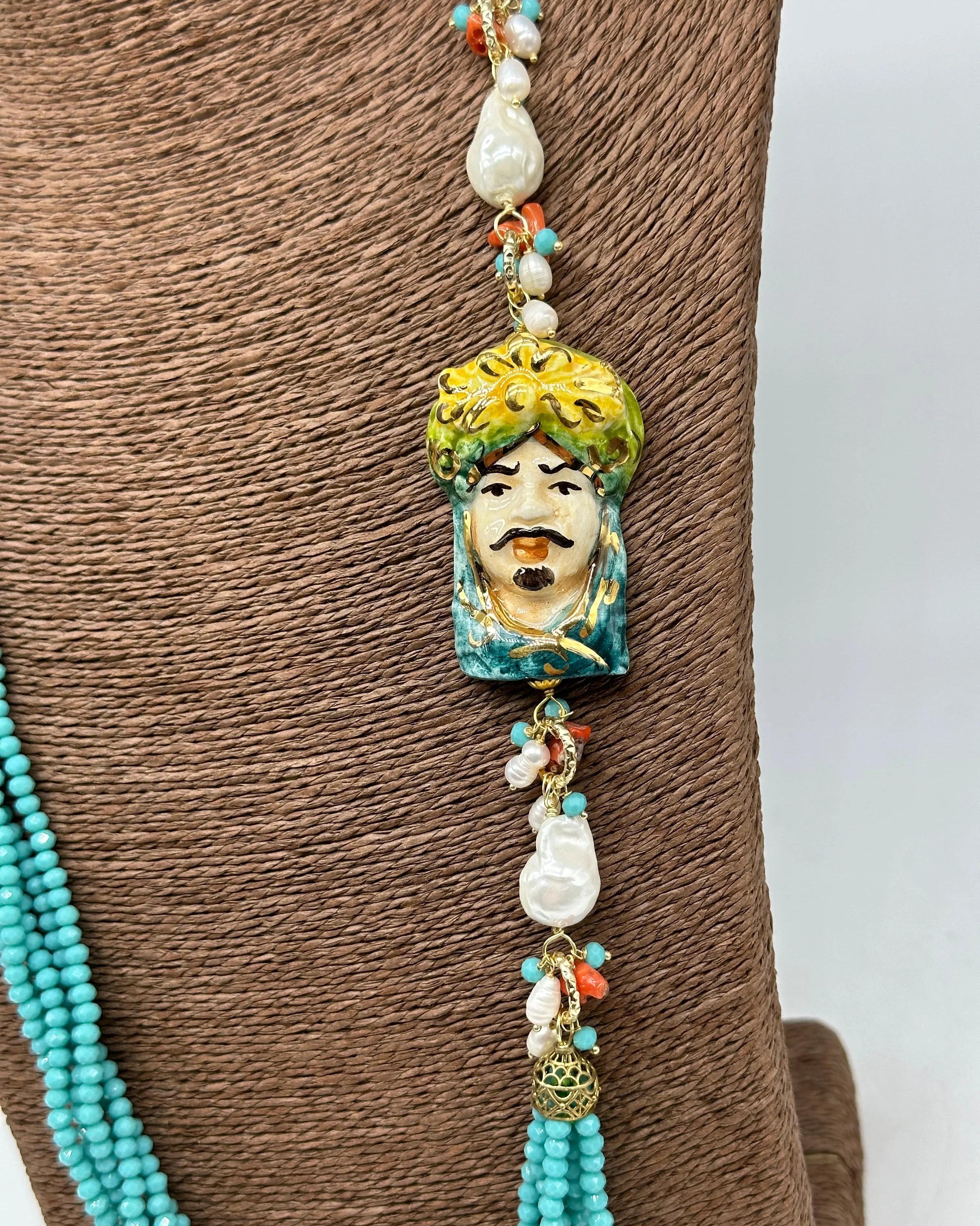 Collana Siciliana Testa di Moro Ceramica di Caltagirone Pietre Celeste DD CERAMICHE SICILIANE