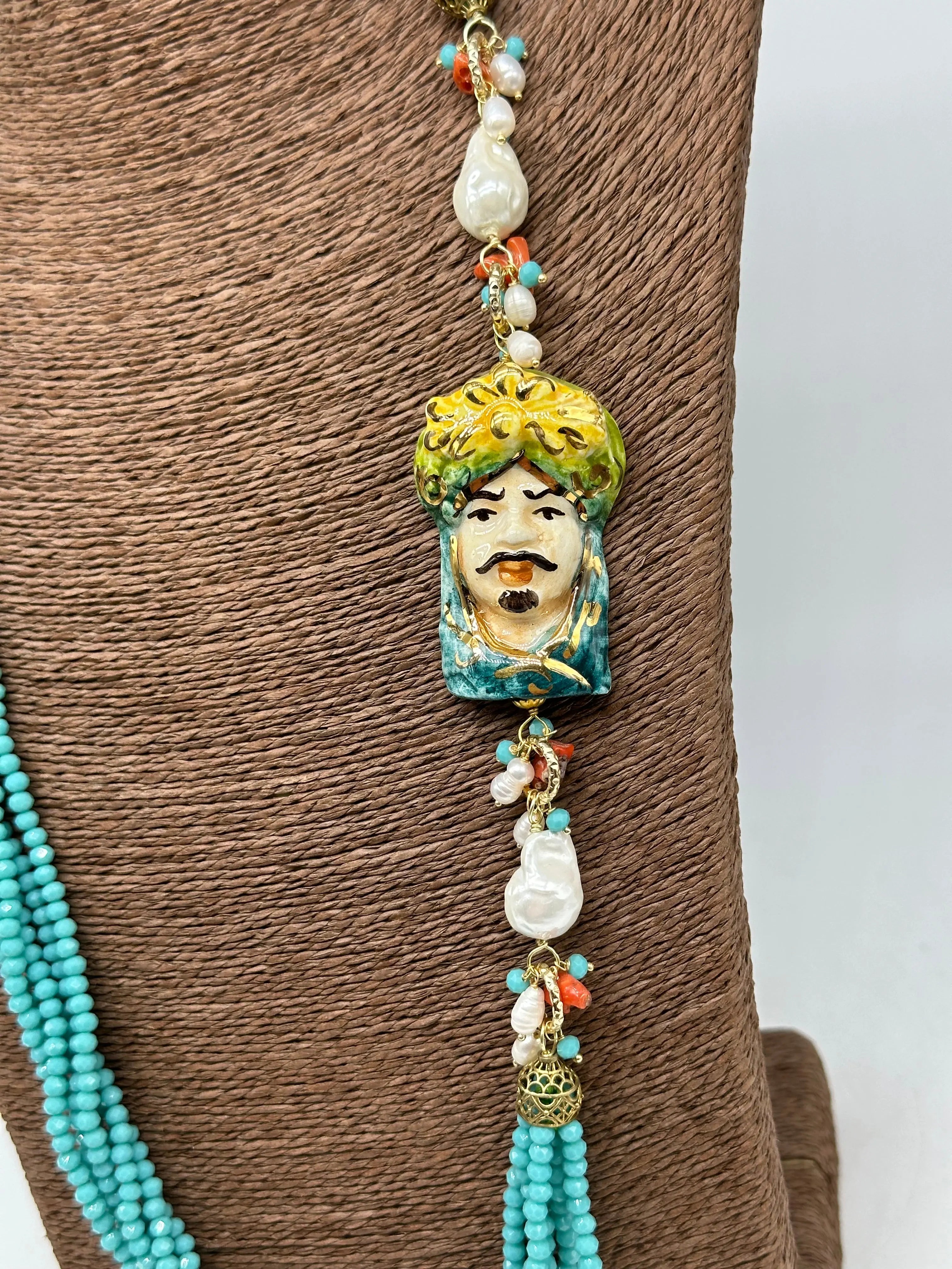 Collana Siciliana Testa di Moro Ceramica di Caltagirone Pietre Celeste DD CERAMICHE SICILIANE