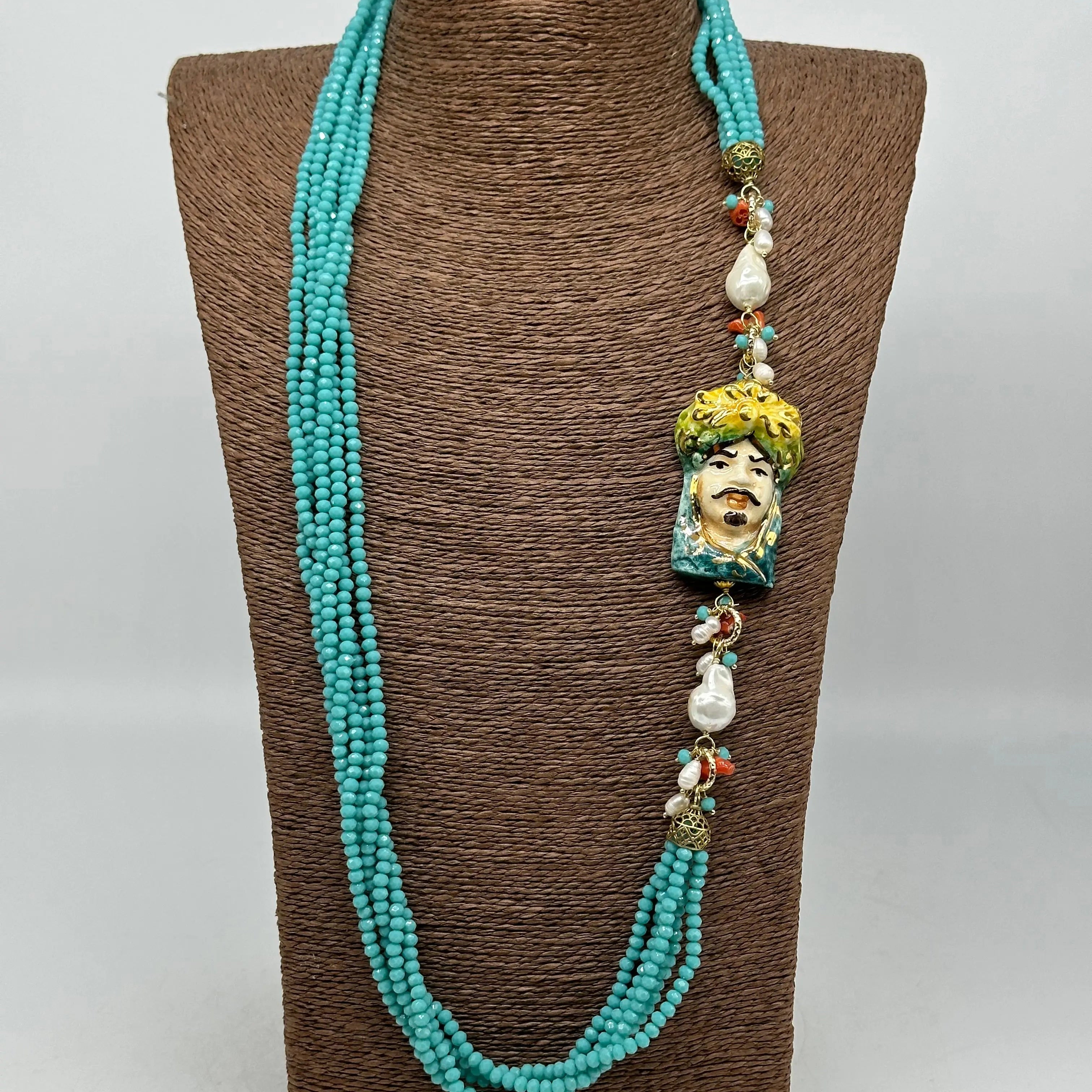 Collana Siciliana Testa di Moro Ceramica di Caltagirone Pietre Celeste DD CERAMICHE SICILIANE