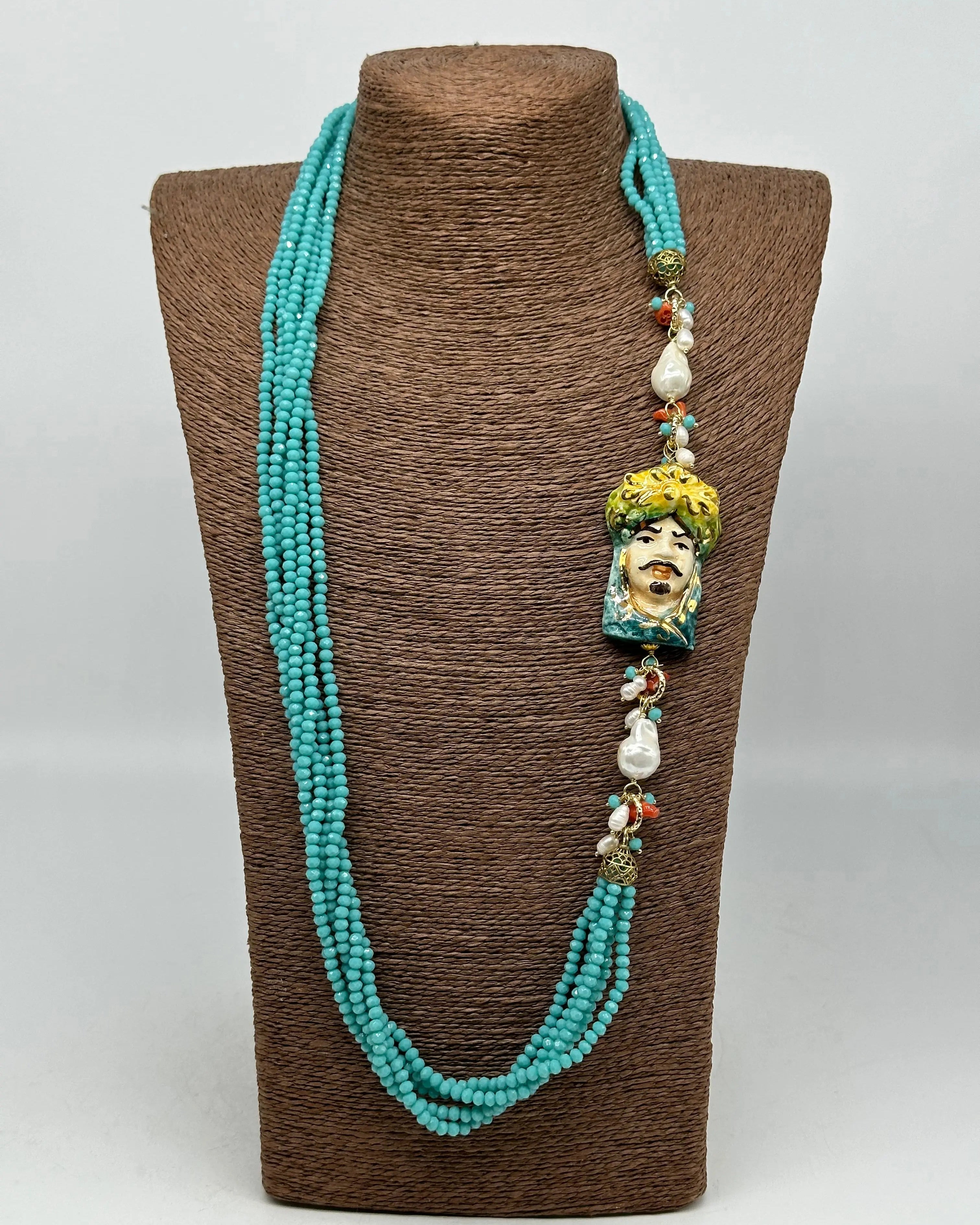 Collana Siciliana Testa di Moro Ceramica di Caltagirone Pietre Celeste DD CERAMICHE SICILIANE
