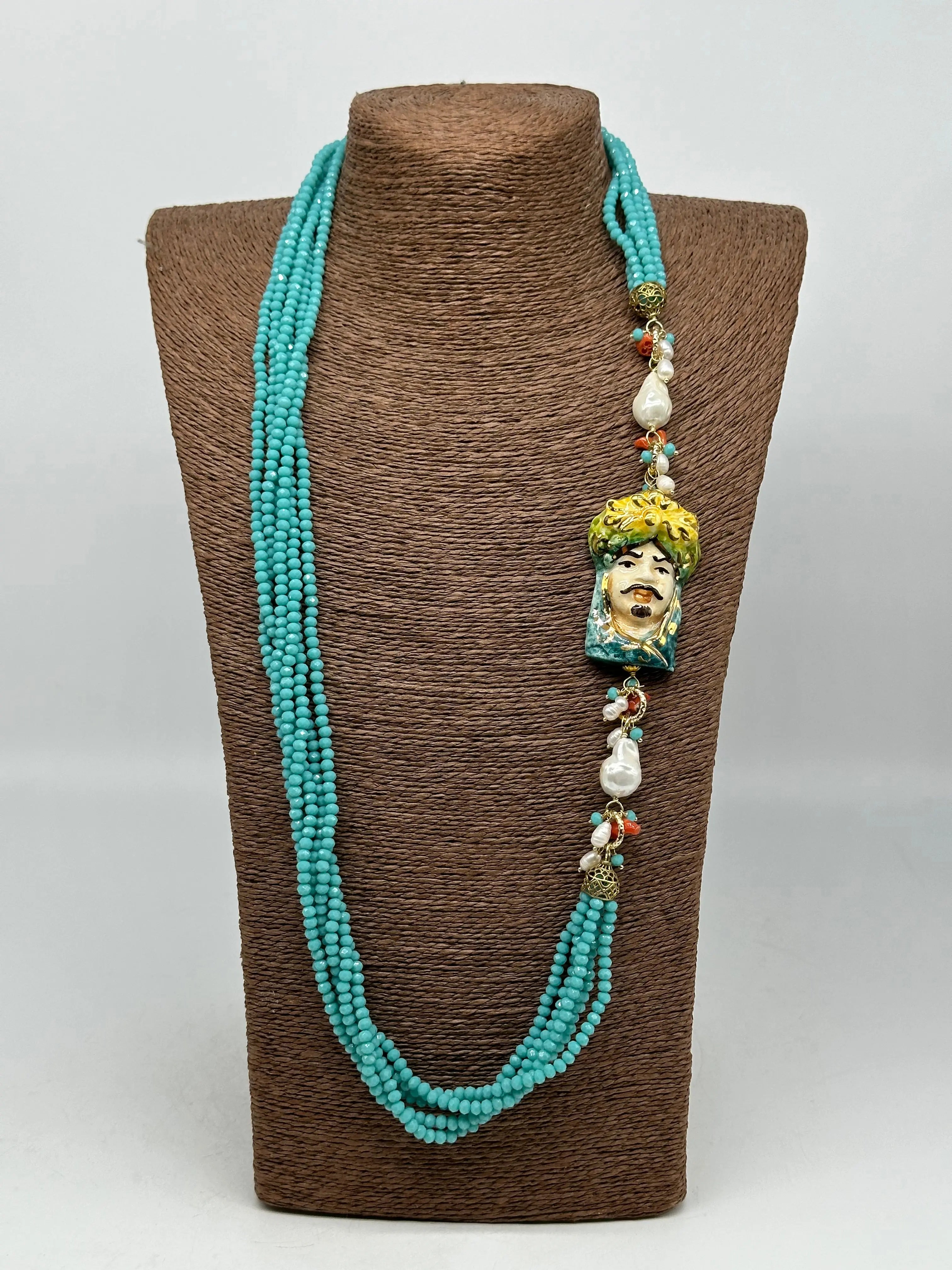 Collana Siciliana Testa di Moro Ceramica di Caltagirone Pietre Celeste DD CERAMICHE SICILIANE