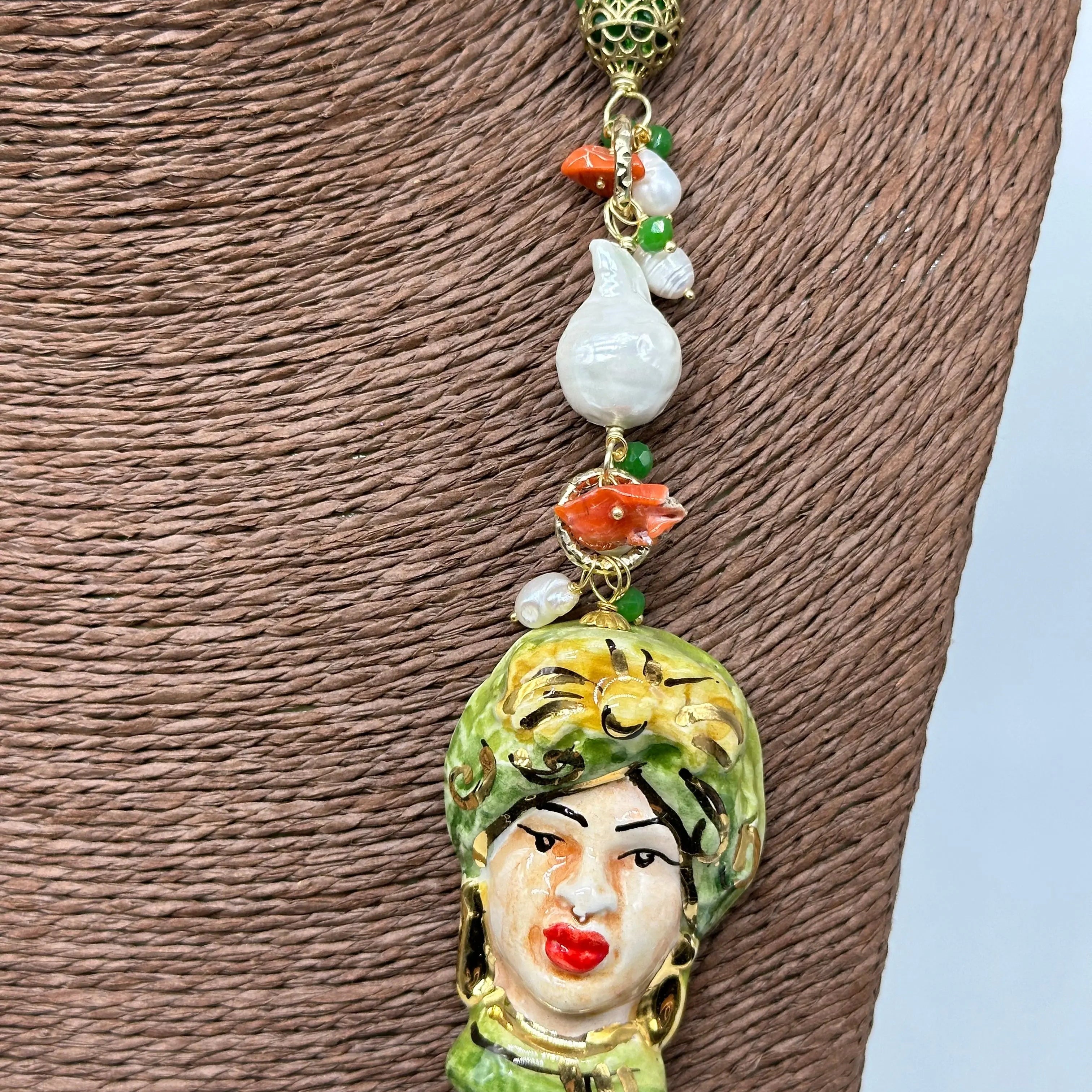 Collana Siciliana Testa di Moro Ceramica di Caltagirone Pietre Verde DD CERAMICHE SICILIANE