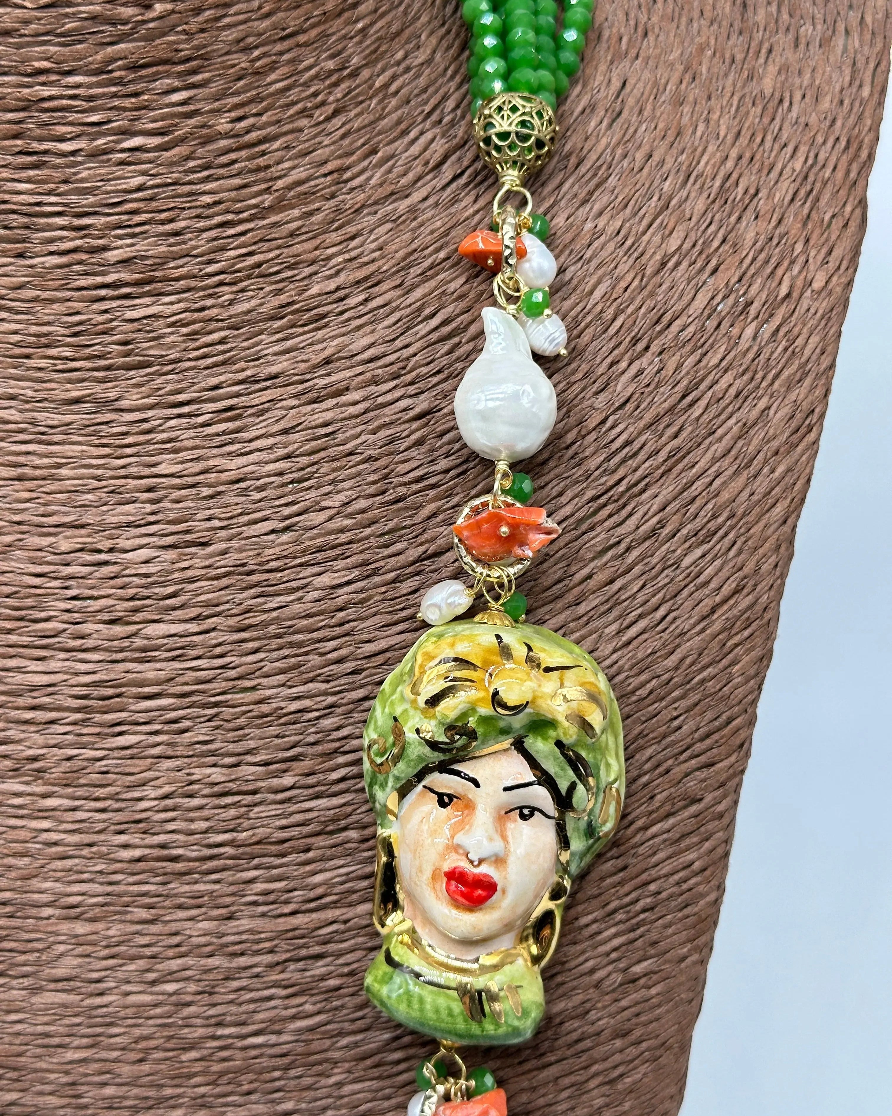 Collana Siciliana Testa di Moro Ceramica di Caltagirone Pietre Verde DD CERAMICHE SICILIANE