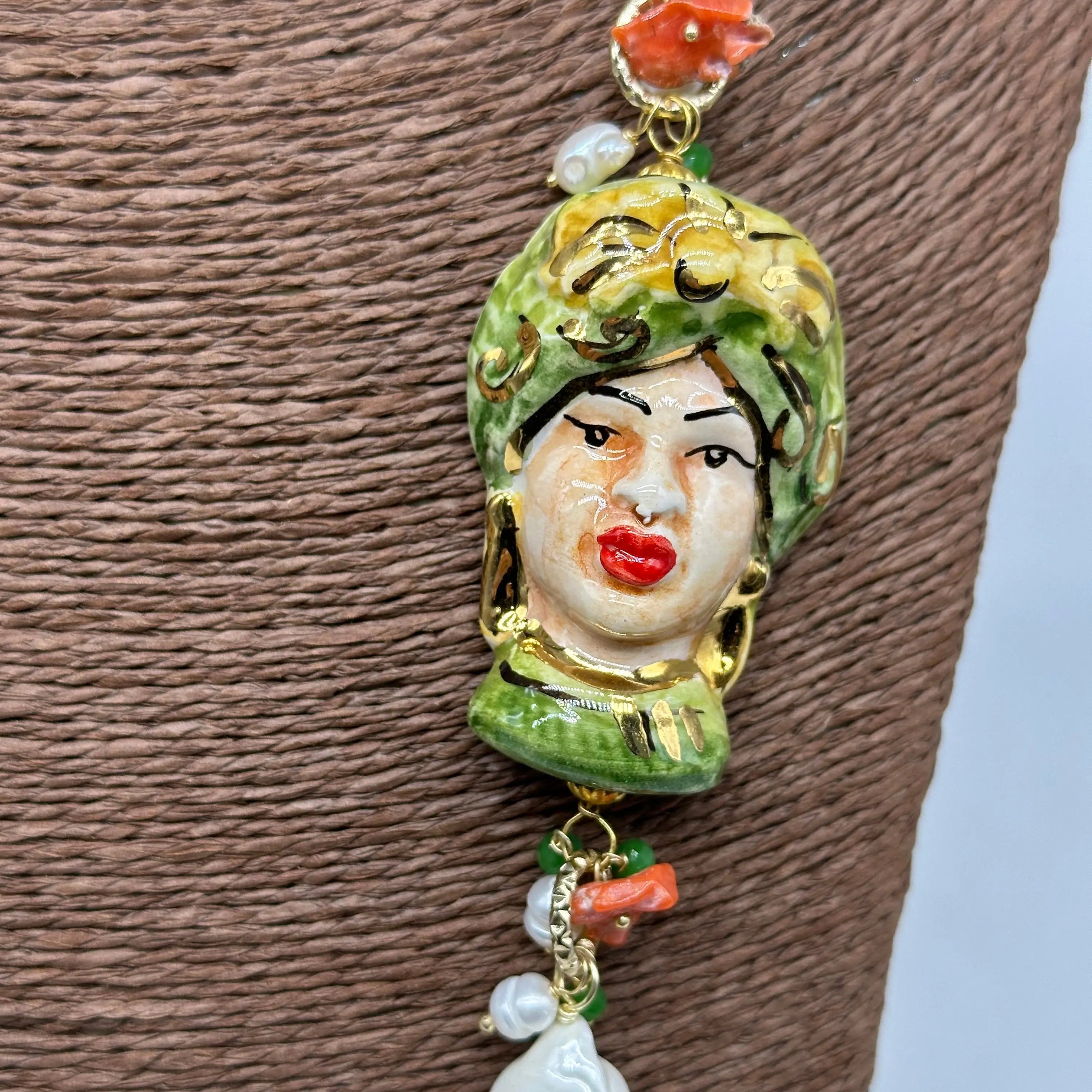 Collana Siciliana Testa di Moro Ceramica di Caltagirone Pietre Verde DD CERAMICHE SICILIANE
