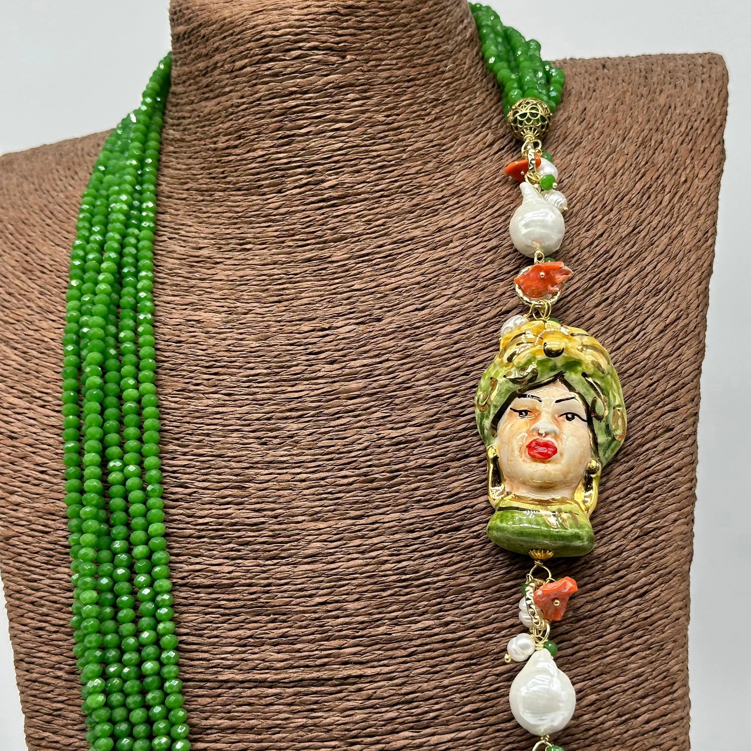 Collana Siciliana Testa di Moro Ceramica di Caltagirone Pietre Verde DD CERAMICHE SICILIANE