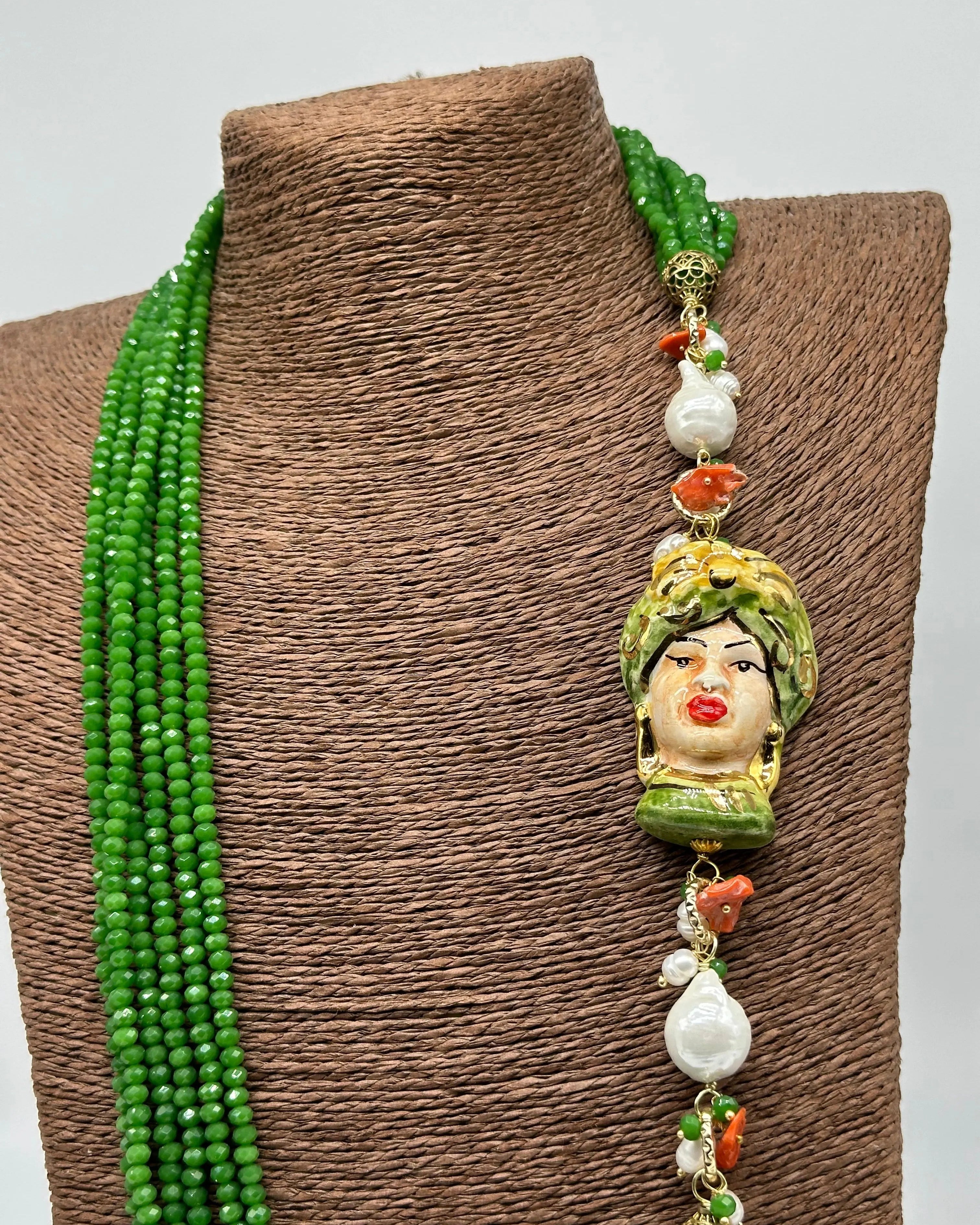 Collana Siciliana Testa di Moro Ceramica di Caltagirone Pietre Verde DD CERAMICHE SICILIANE