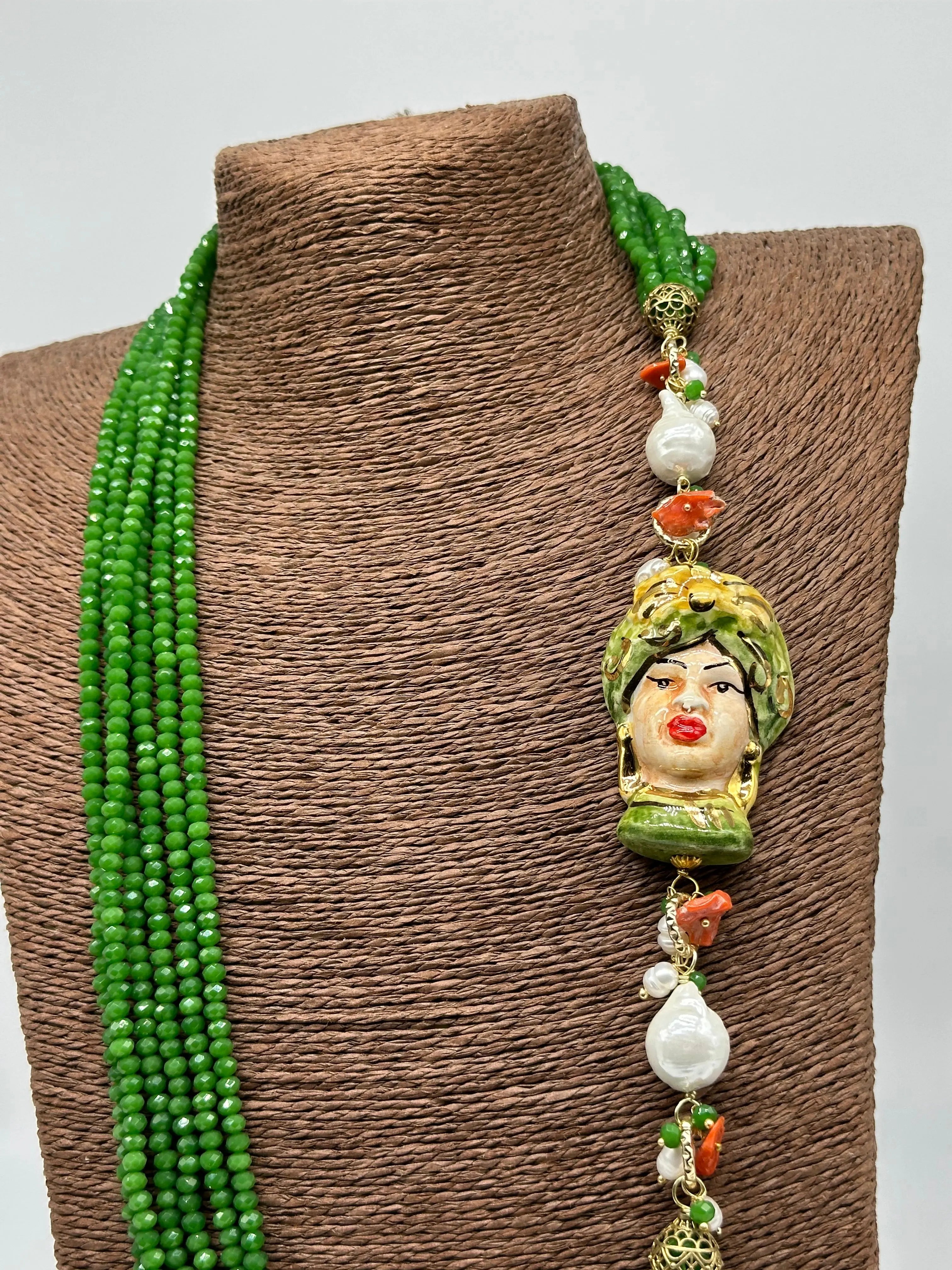 Collana Siciliana Testa di Moro Ceramica di Caltagirone Pietre Verde DD CERAMICHE SICILIANE