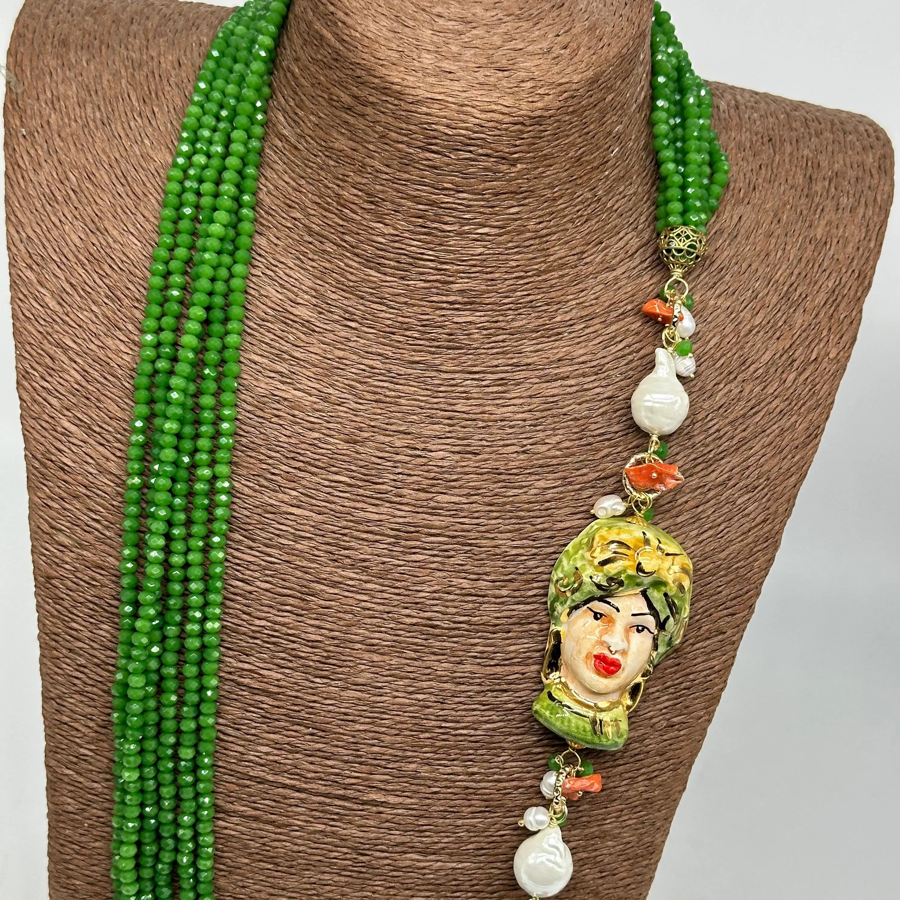 Collana Siciliana Testa di Moro Ceramica di Caltagirone Pietre Verde DD CERAMICHE SICILIANE