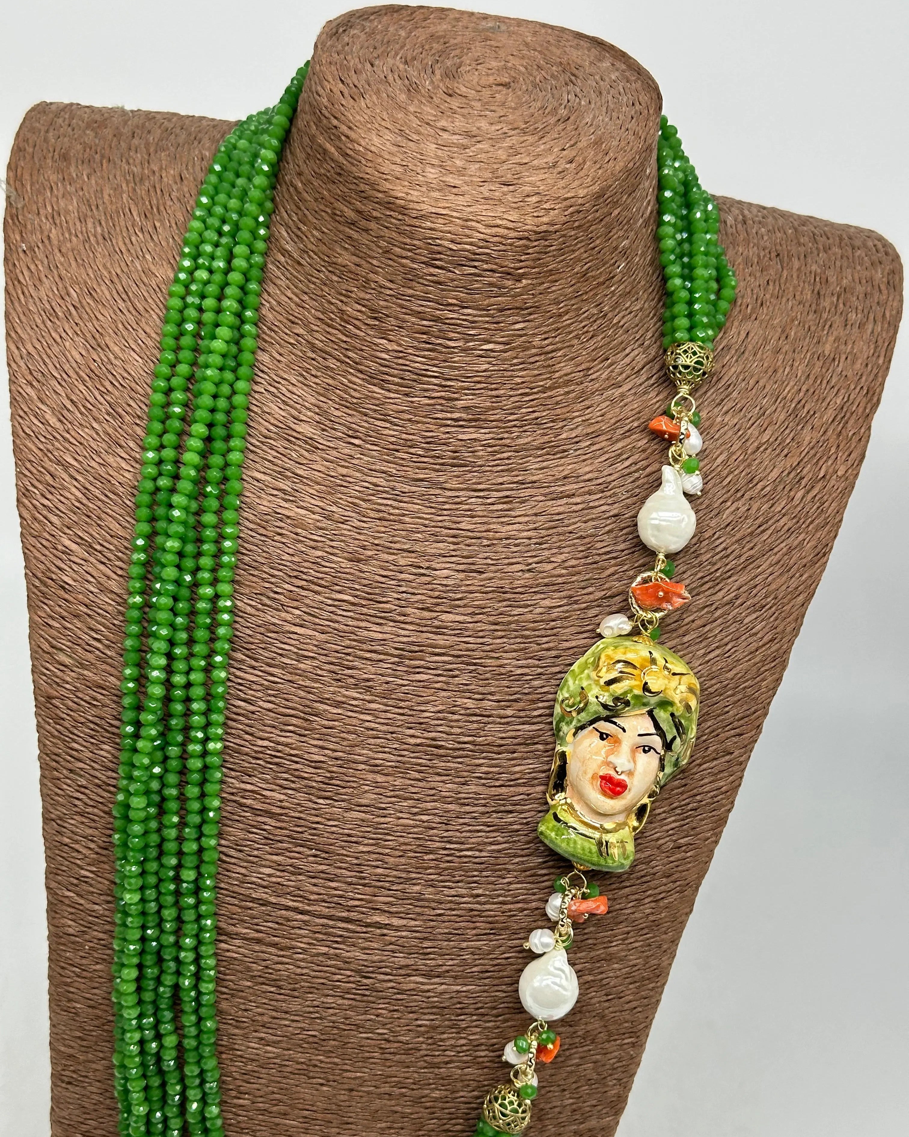 Collana Siciliana Testa di Moro Ceramica di Caltagirone Pietre Verde DD CERAMICHE SICILIANE