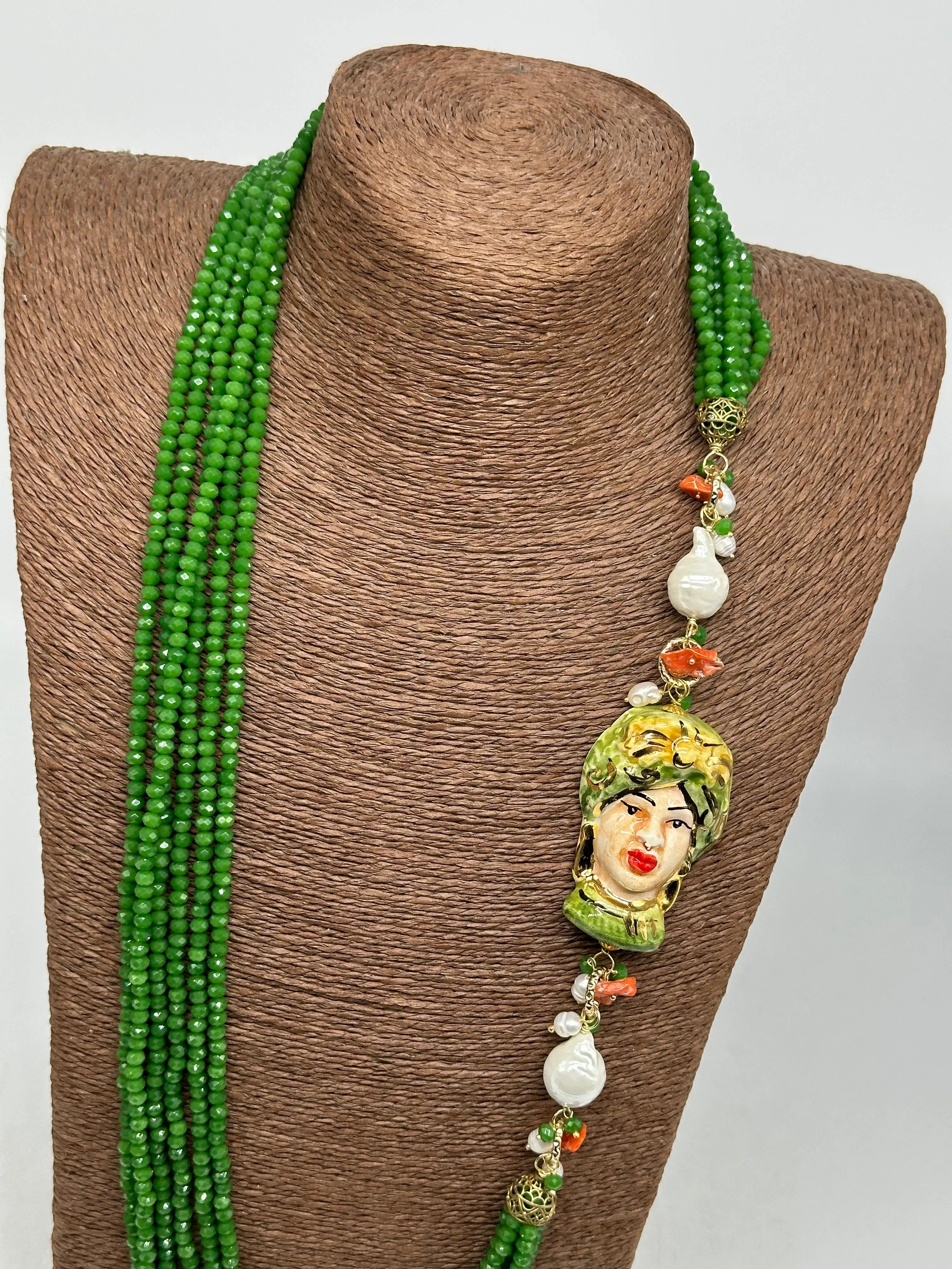 Collana Siciliana Testa di Moro Ceramica di Caltagirone Pietre Verde DD CERAMICHE SICILIANE