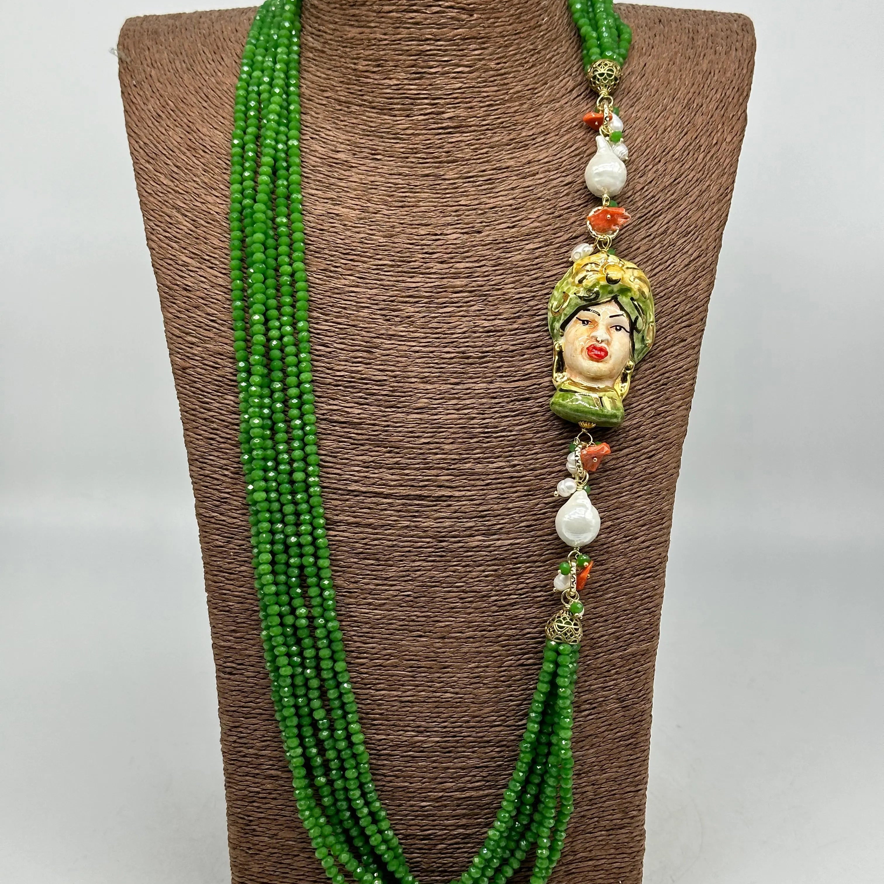 Collana Siciliana Testa di Moro Ceramica di Caltagirone Pietre Verde DD CERAMICHE SICILIANE