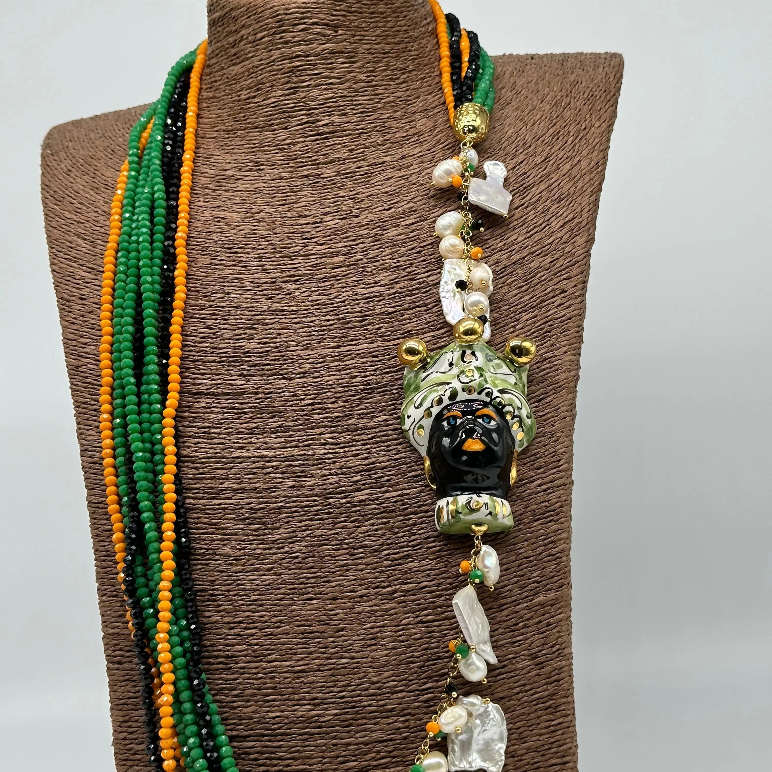 Collana Siciliana Testa di Moro Ceramica di Caltagirone Pietre Verde Arancio Nero DD CERAMICHE SICILIANE
