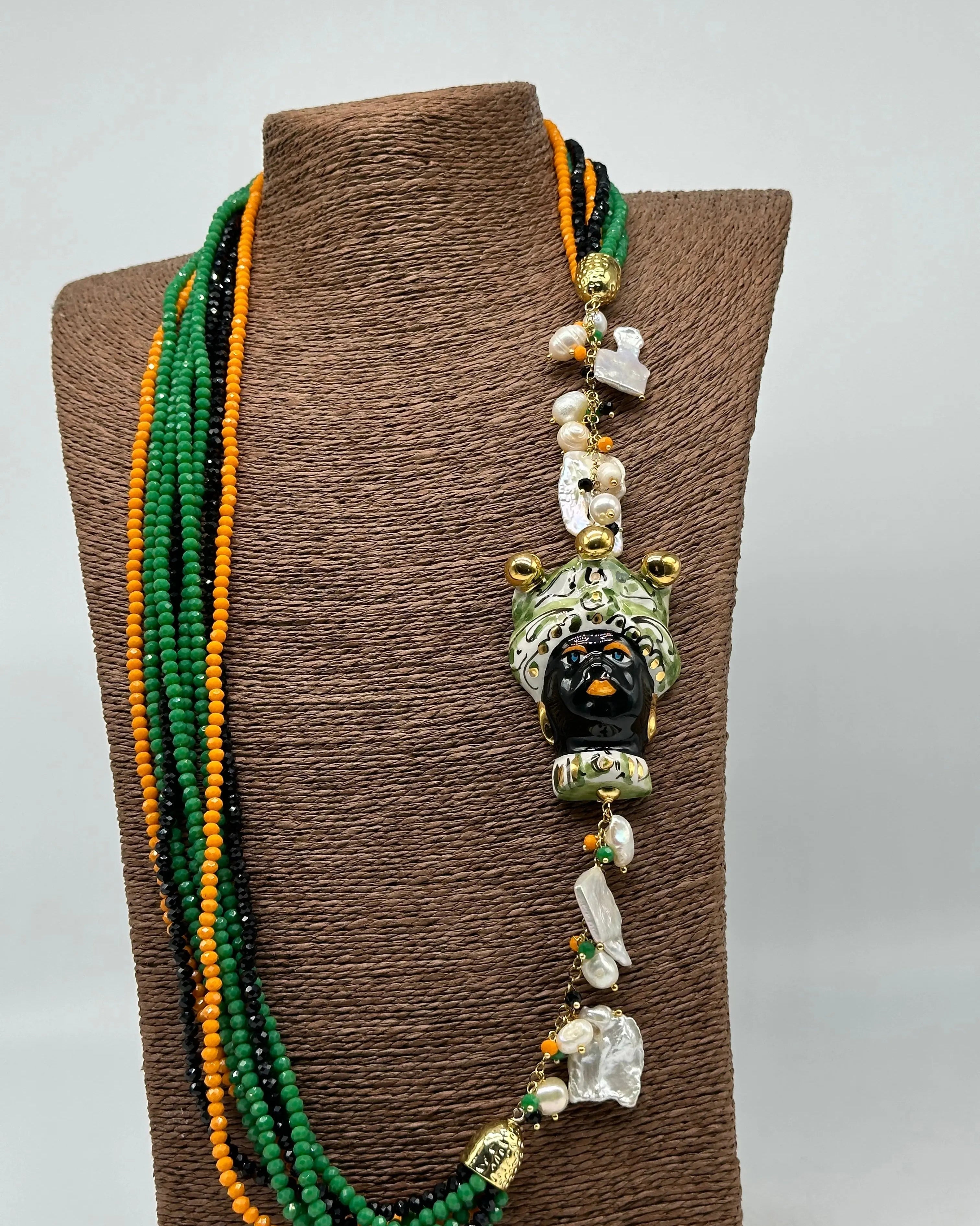 Collana Siciliana Testa di Moro Ceramica di Caltagirone Pietre Verde Arancio Nero DD CERAMICHE SICILIANE