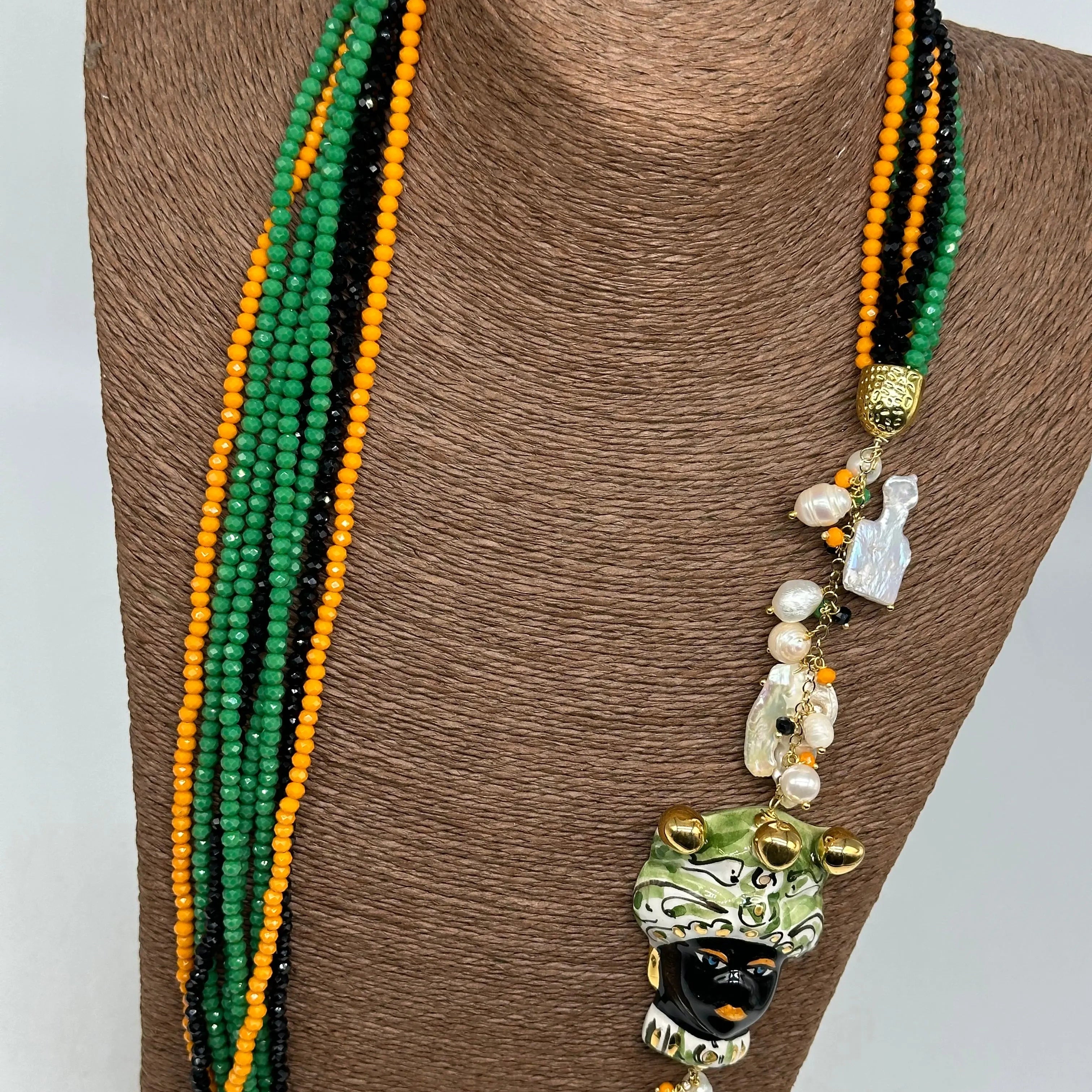 Collana Siciliana Testa di Moro Ceramica di Caltagirone Pietre Verde Arancio Nero DD CERAMICHE SICILIANE