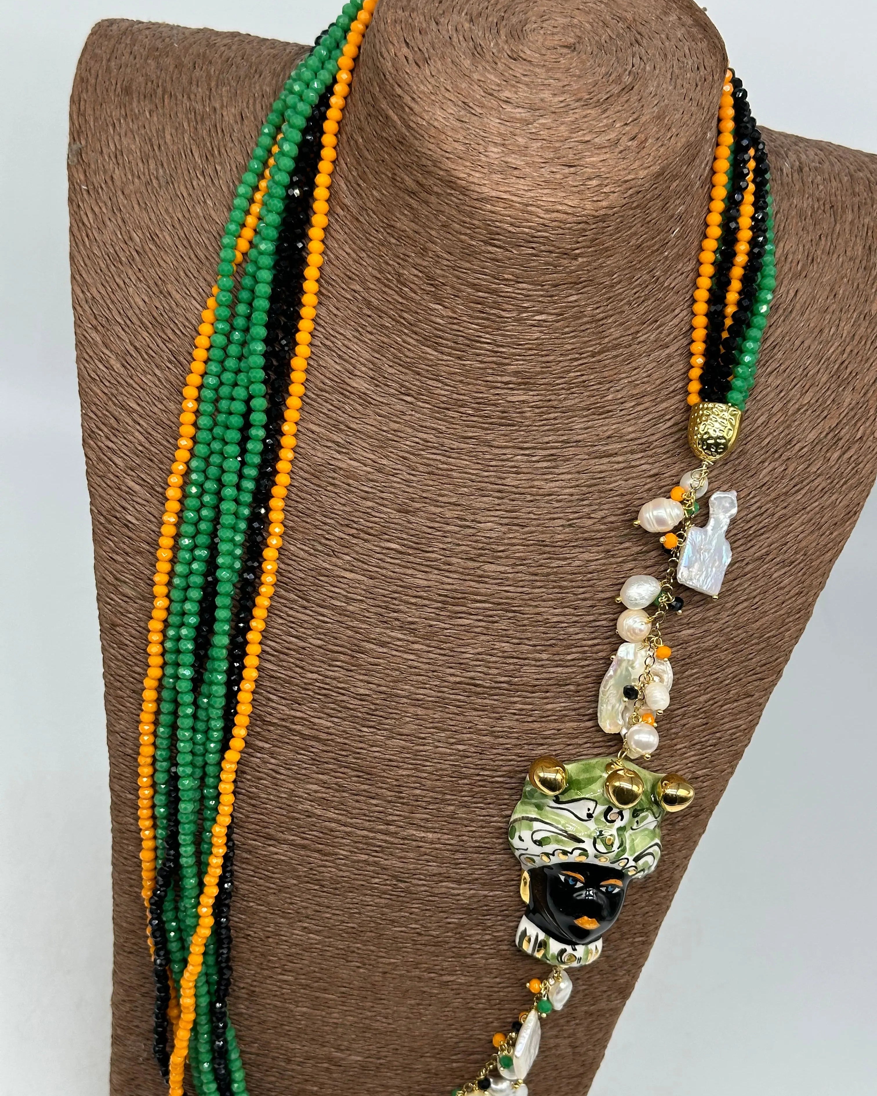 Collana Siciliana Testa di Moro Ceramica di Caltagirone Pietre Verde Arancio Nero DD CERAMICHE SICILIANE