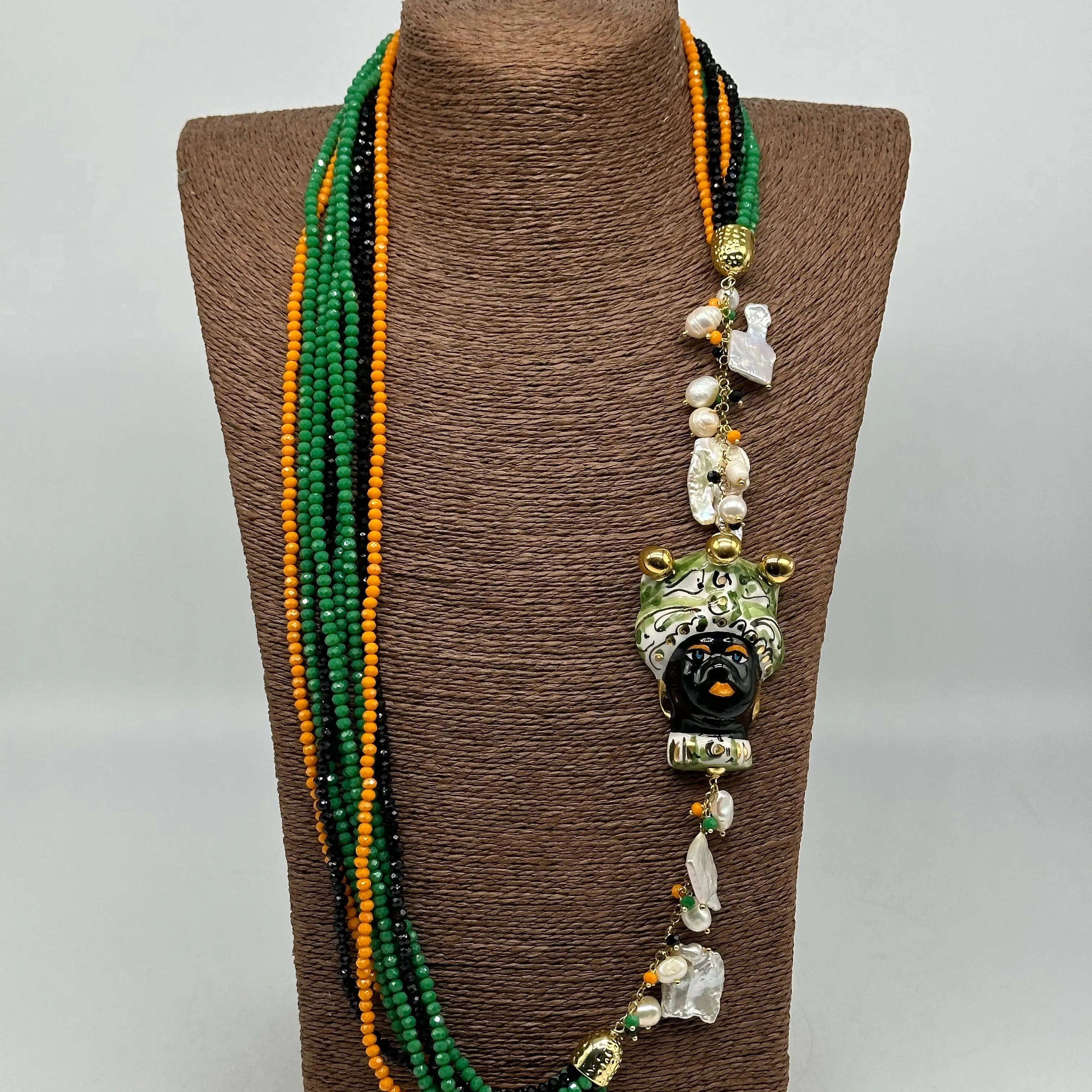 Collana Siciliana Testa di Moro Ceramica di Caltagirone Pietre Verde Arancio Nero DD CERAMICHE SICILIANE