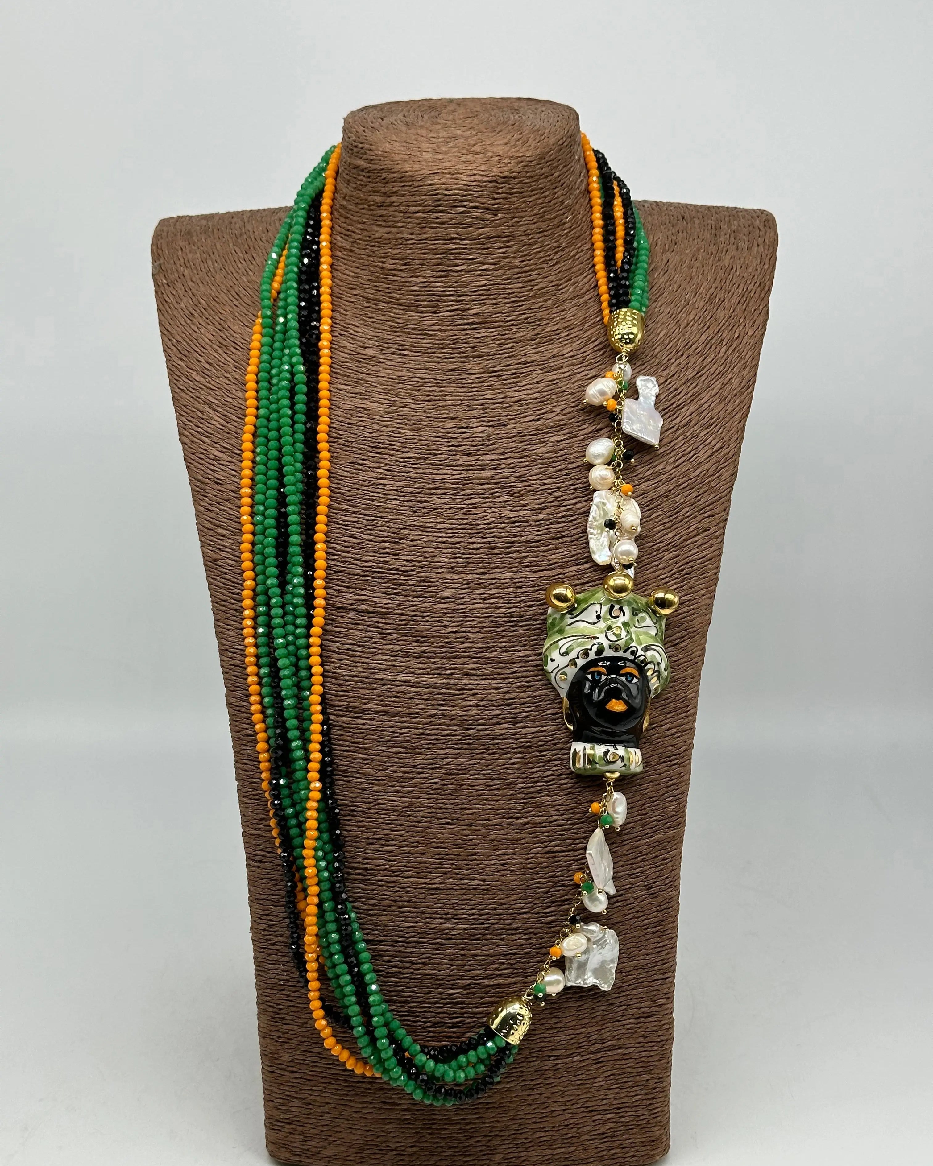 Collana Siciliana Testa di Moro Ceramica di Caltagirone Pietre Verde Arancio Nero DD CERAMICHE SICILIANE