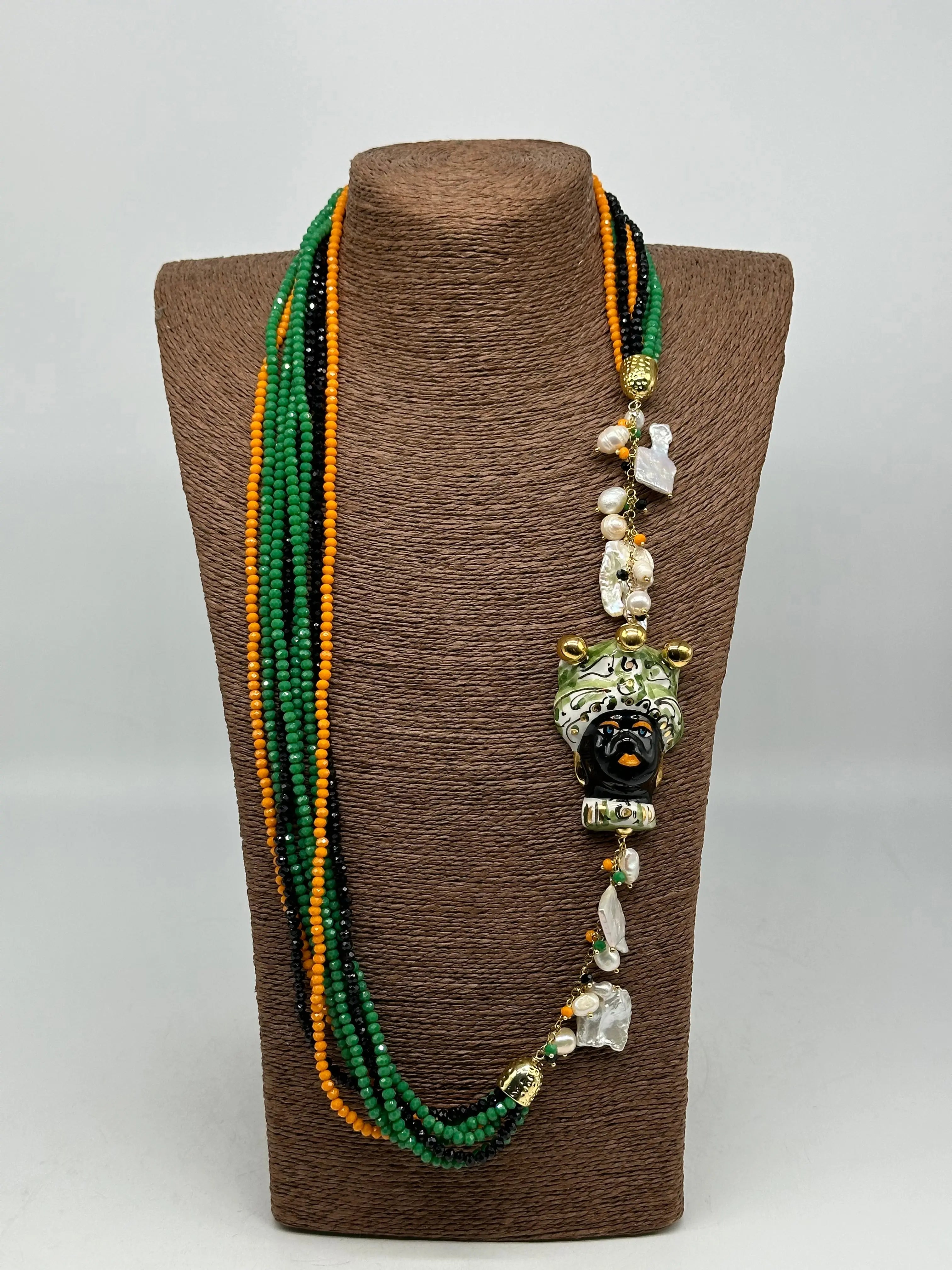 Collana Siciliana Testa di Moro Ceramica di Caltagirone Pietre Verde Arancio Nero DD CERAMICHE SICILIANE