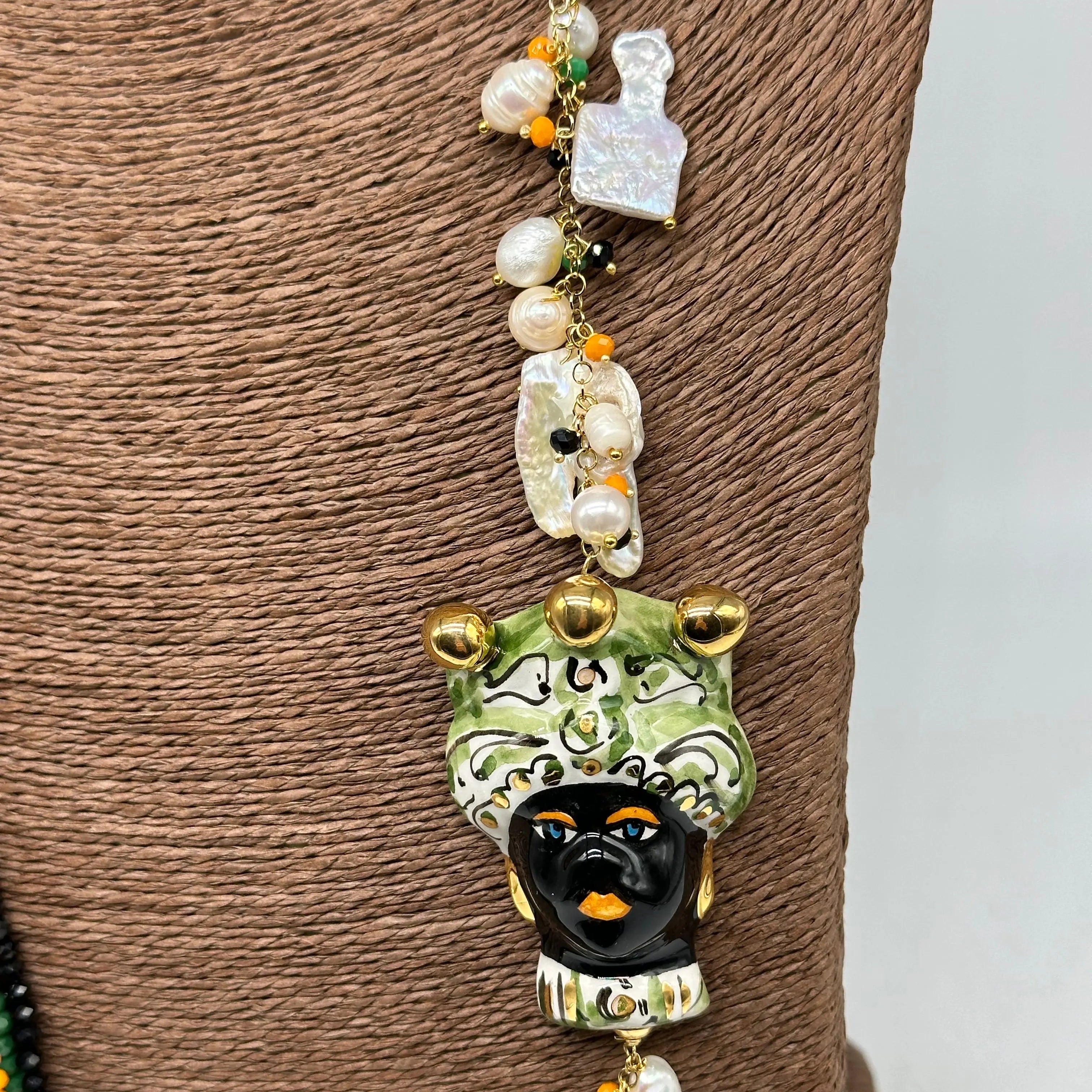 Collana Siciliana Testa di Moro Ceramica di Caltagirone Pietre Verde Arancio Nero DD CERAMICHE SICILIANE