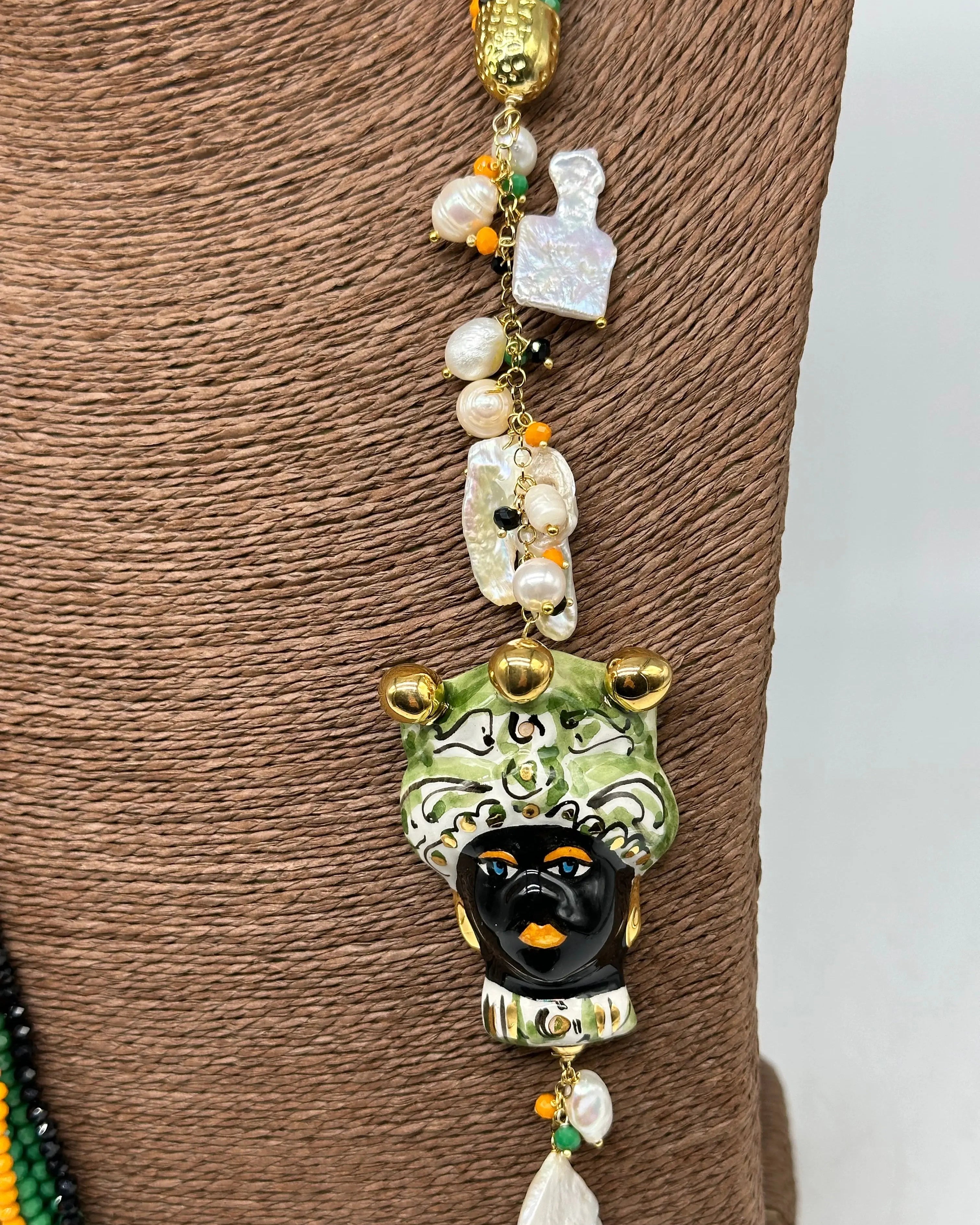 Collana Siciliana Testa di Moro Ceramica di Caltagirone Pietre Verde Arancio Nero DD CERAMICHE SICILIANE