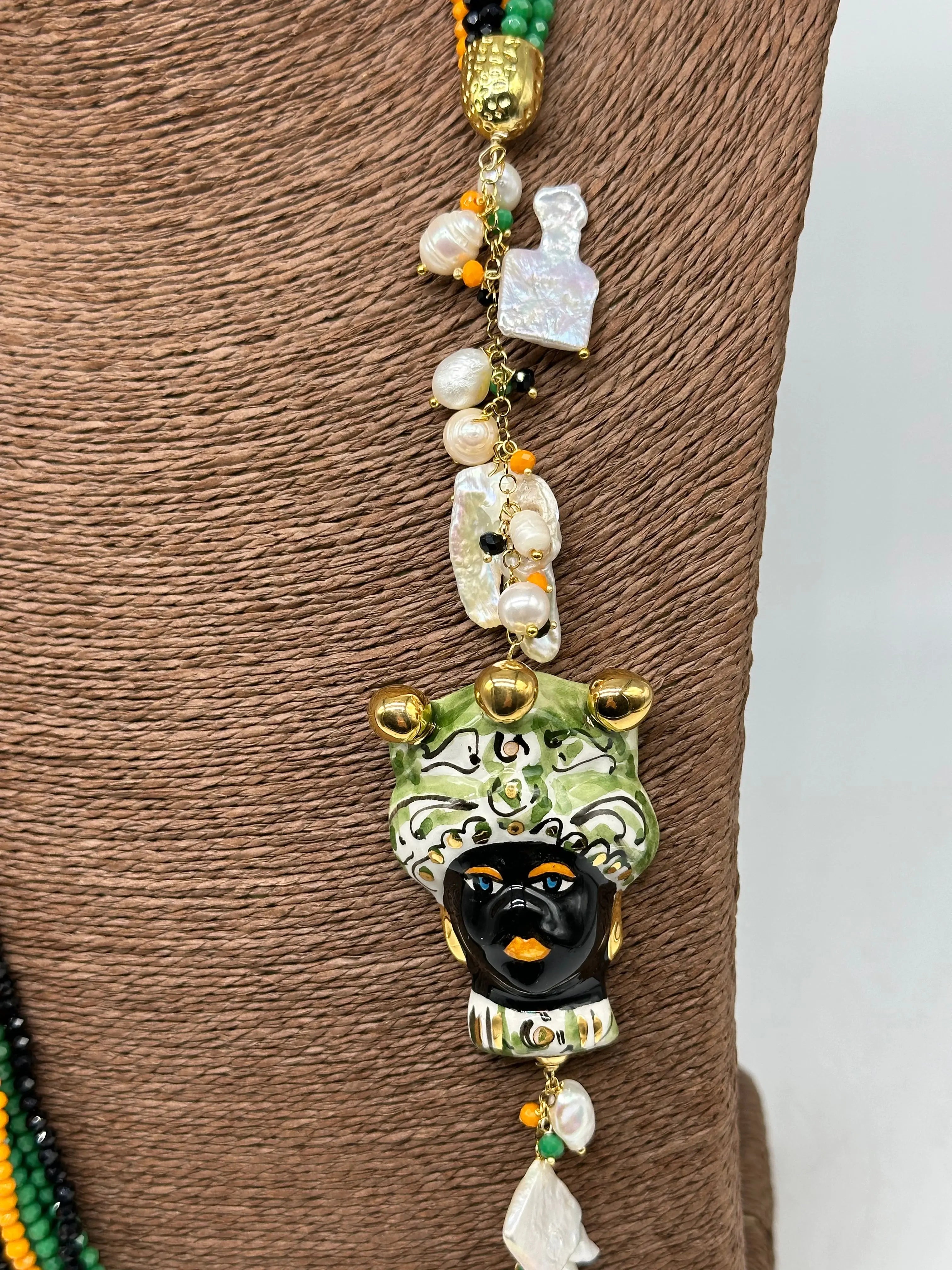 Collana Siciliana Testa di Moro Ceramica di Caltagirone Pietre Verde Arancio Nero DD CERAMICHE SICILIANE