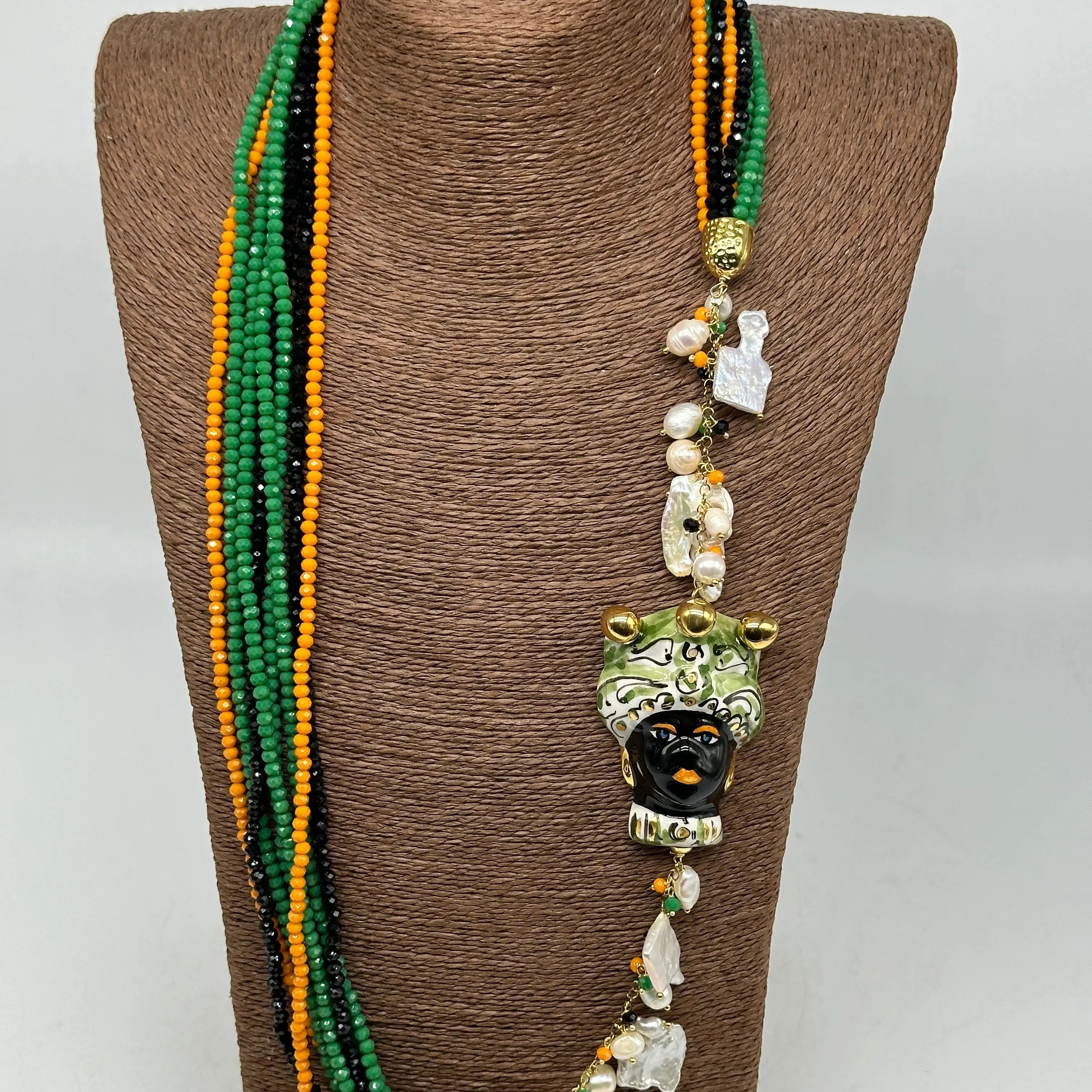 Collana Siciliana Testa di Moro Ceramica di Caltagirone Pietre Verde Arancio Nero DD CERAMICHE SICILIANE