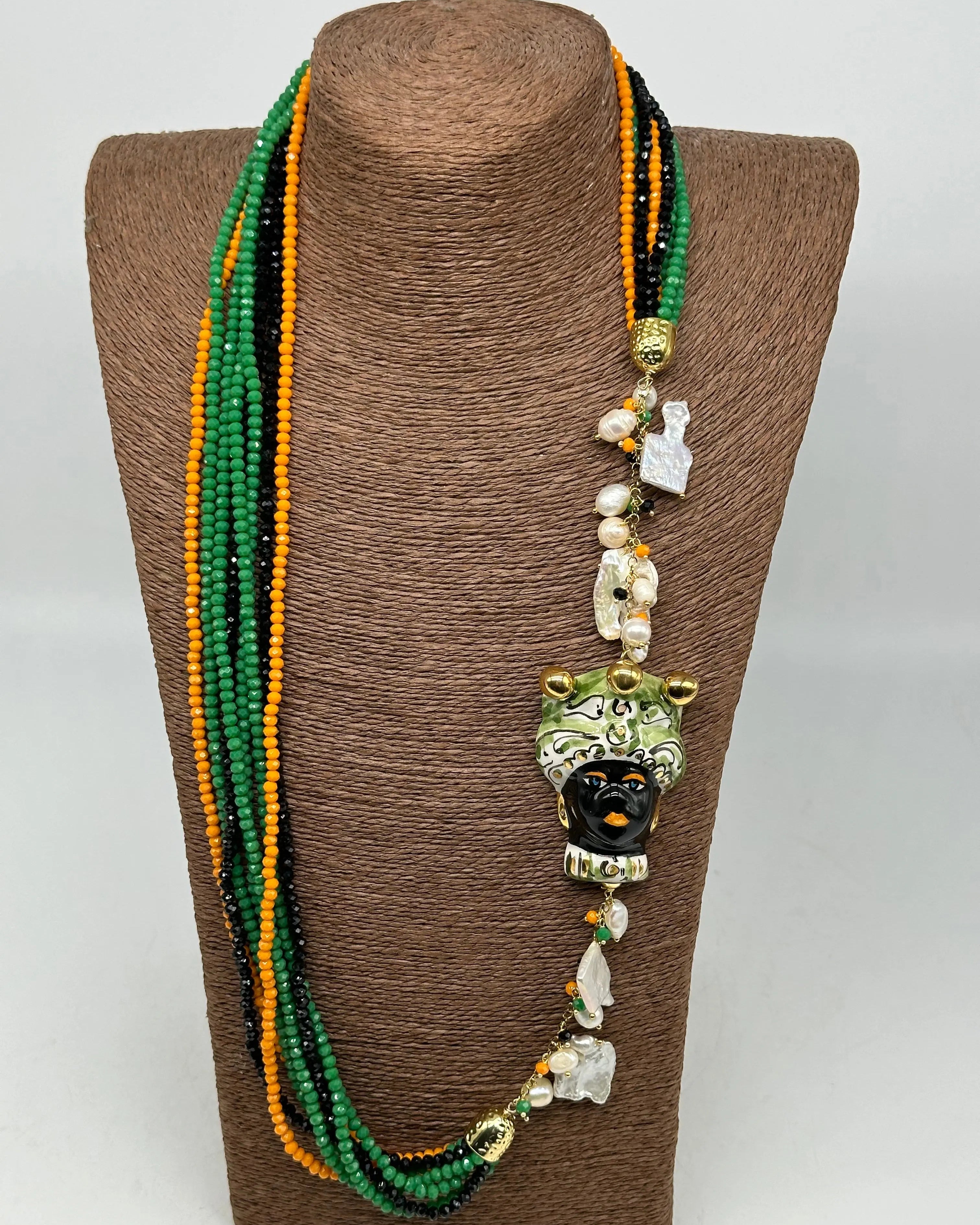 Collana Siciliana Testa di Moro Ceramica di Caltagirone Pietre Verde Arancio Nero DD CERAMICHE SICILIANE