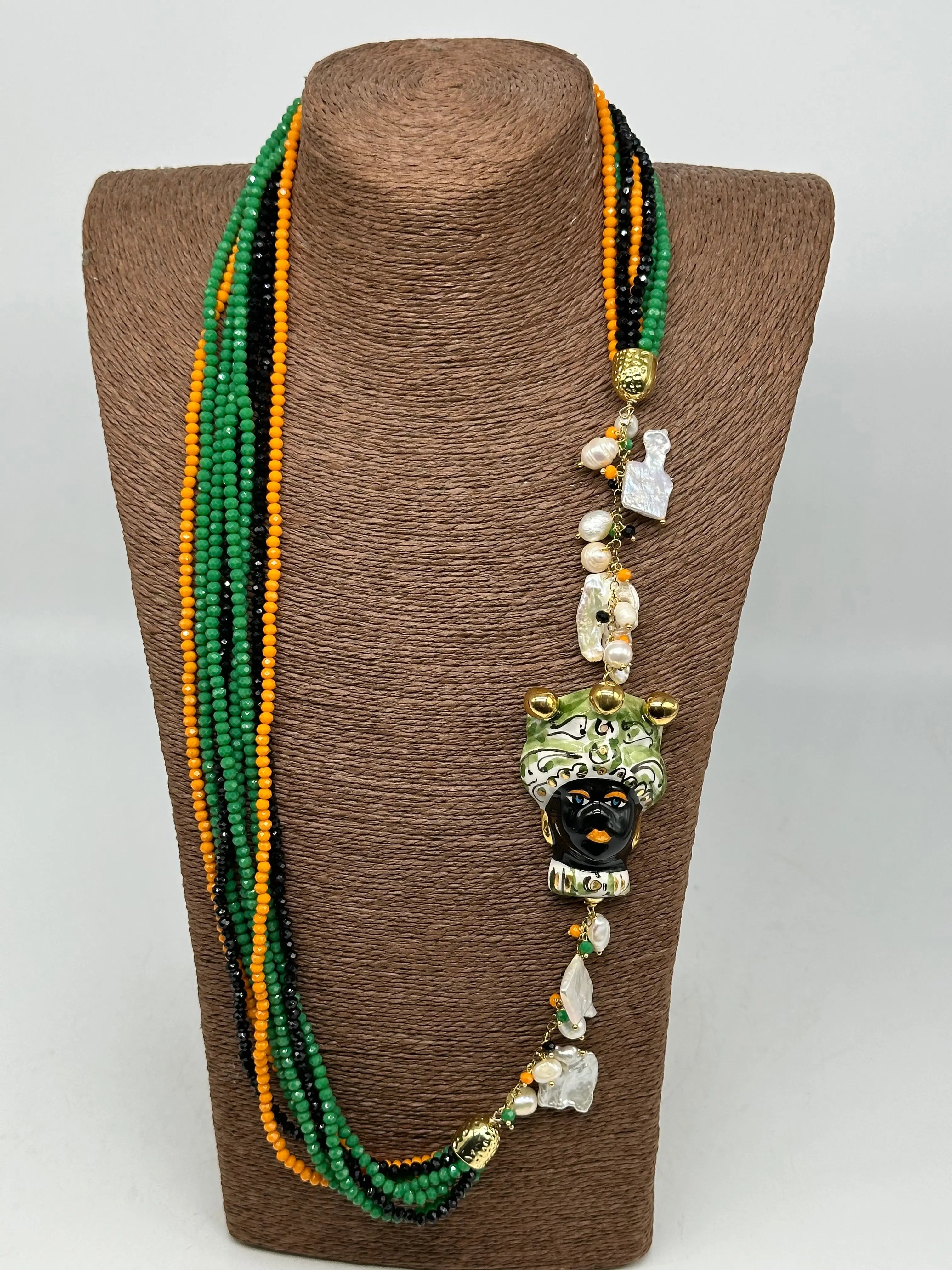 Collana Siciliana Testa di Moro Ceramica di Caltagirone Pietre Verde Arancio Nero DD CERAMICHE SICILIANE