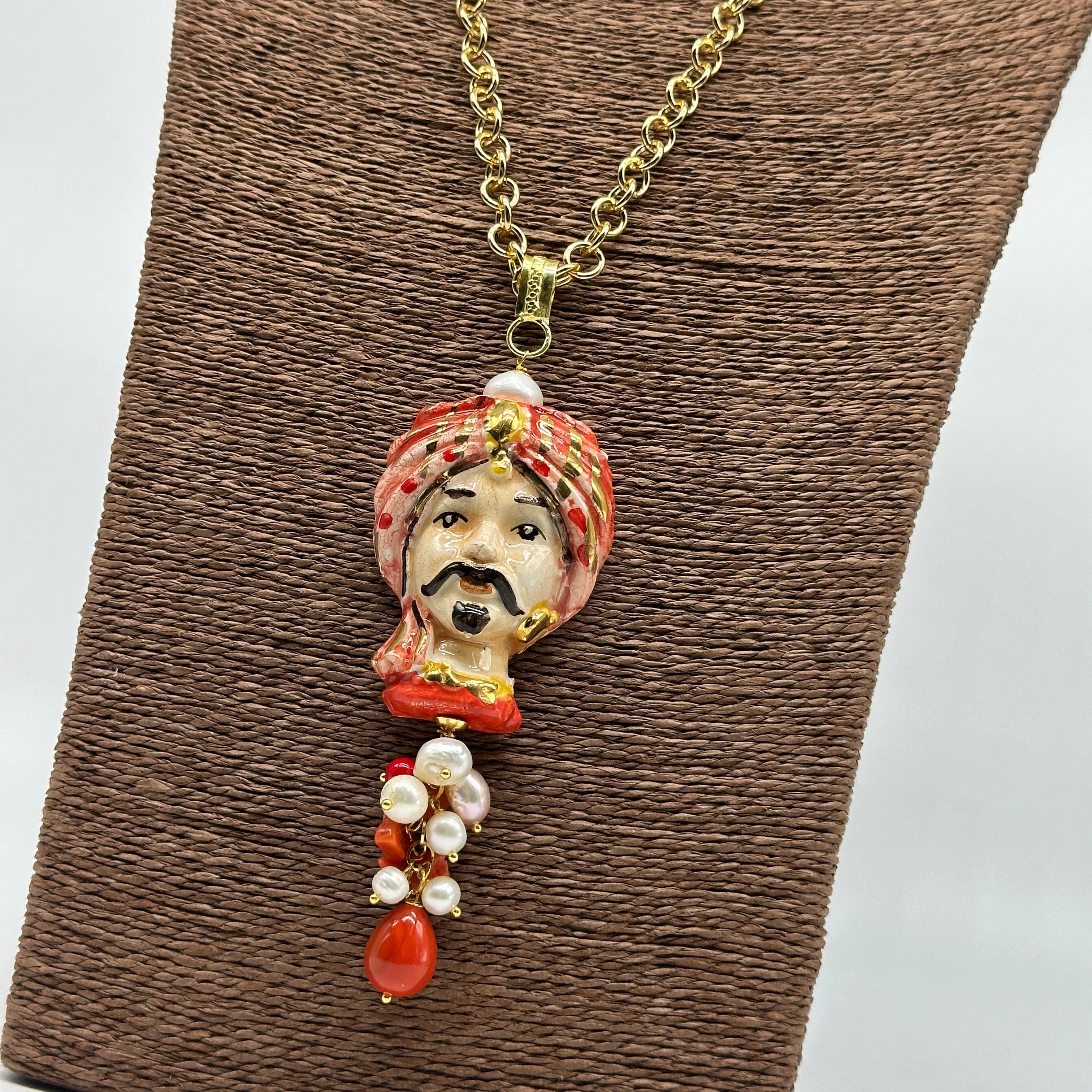 Collana Siciliana Testa di Moro Atena Ceramica di Caltagirone Turbante Rosso - COLLANA