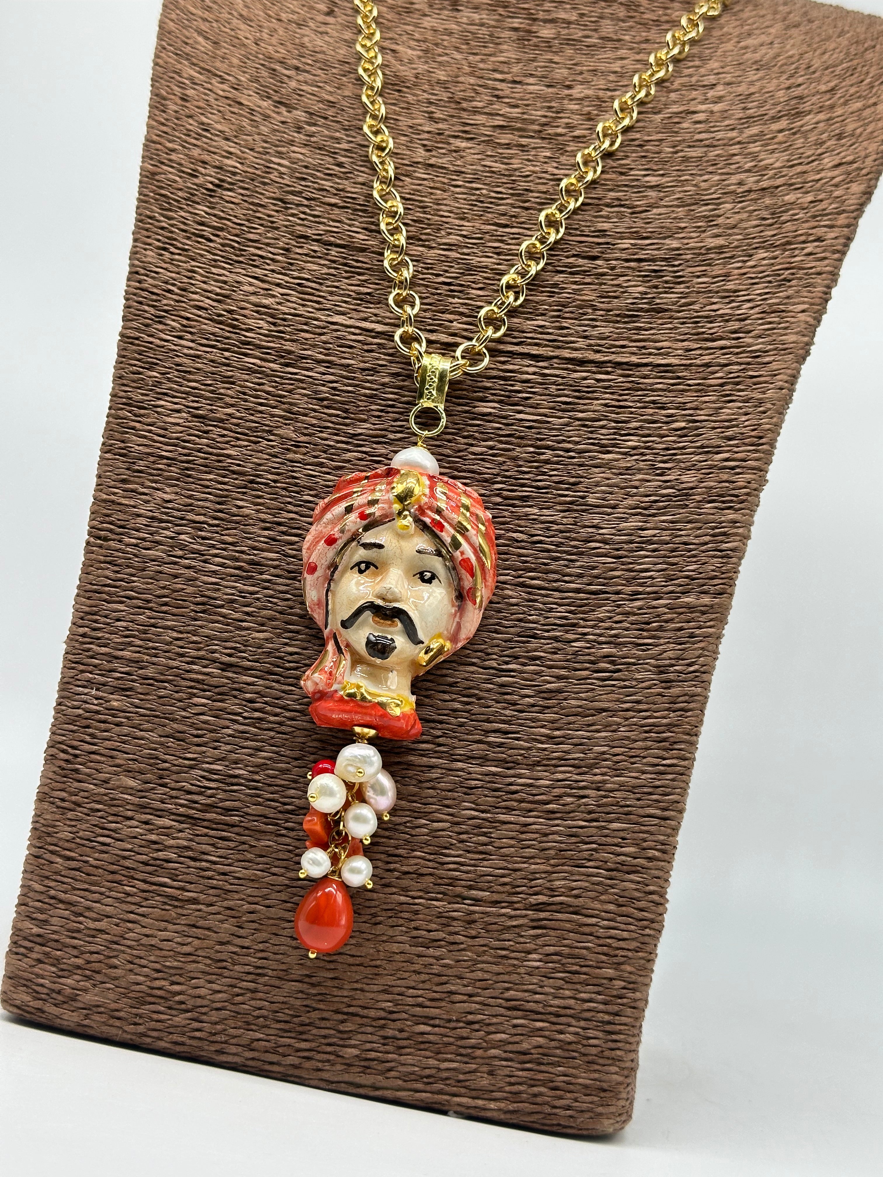 Collana Siciliana Testa di Moro Atena Ceramica di Caltagirone Turbante Rosso - COLLANA
