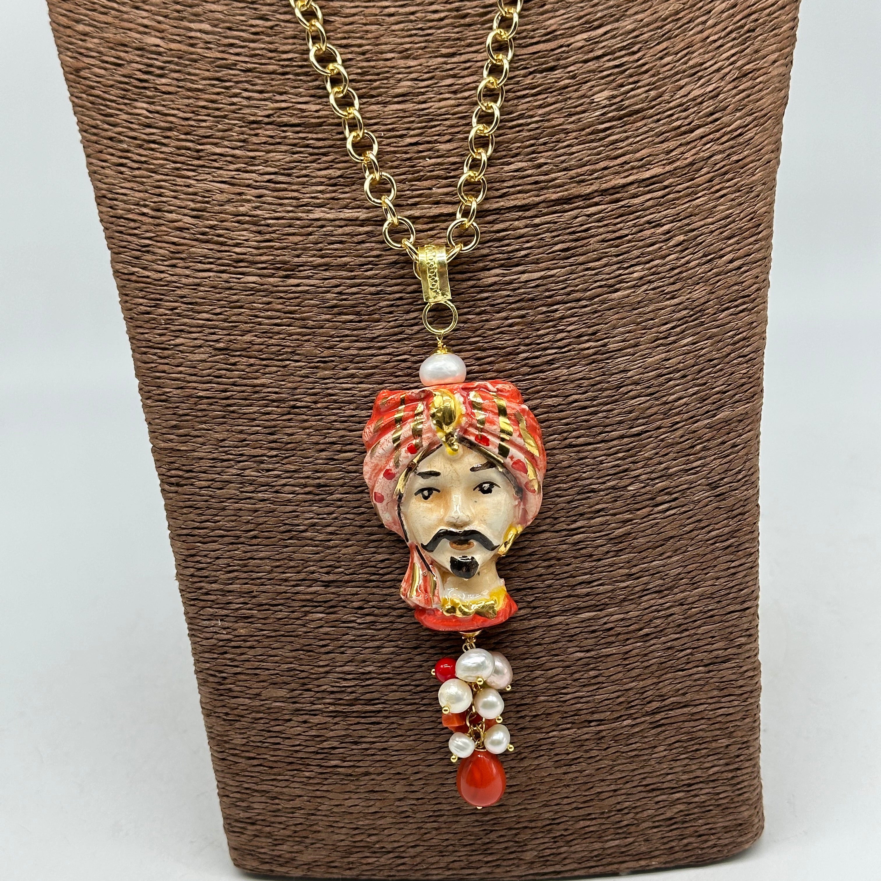 Collana Siciliana Testa di Moro Atena Ceramica di Caltagirone Turbante Rosso - COLLANA