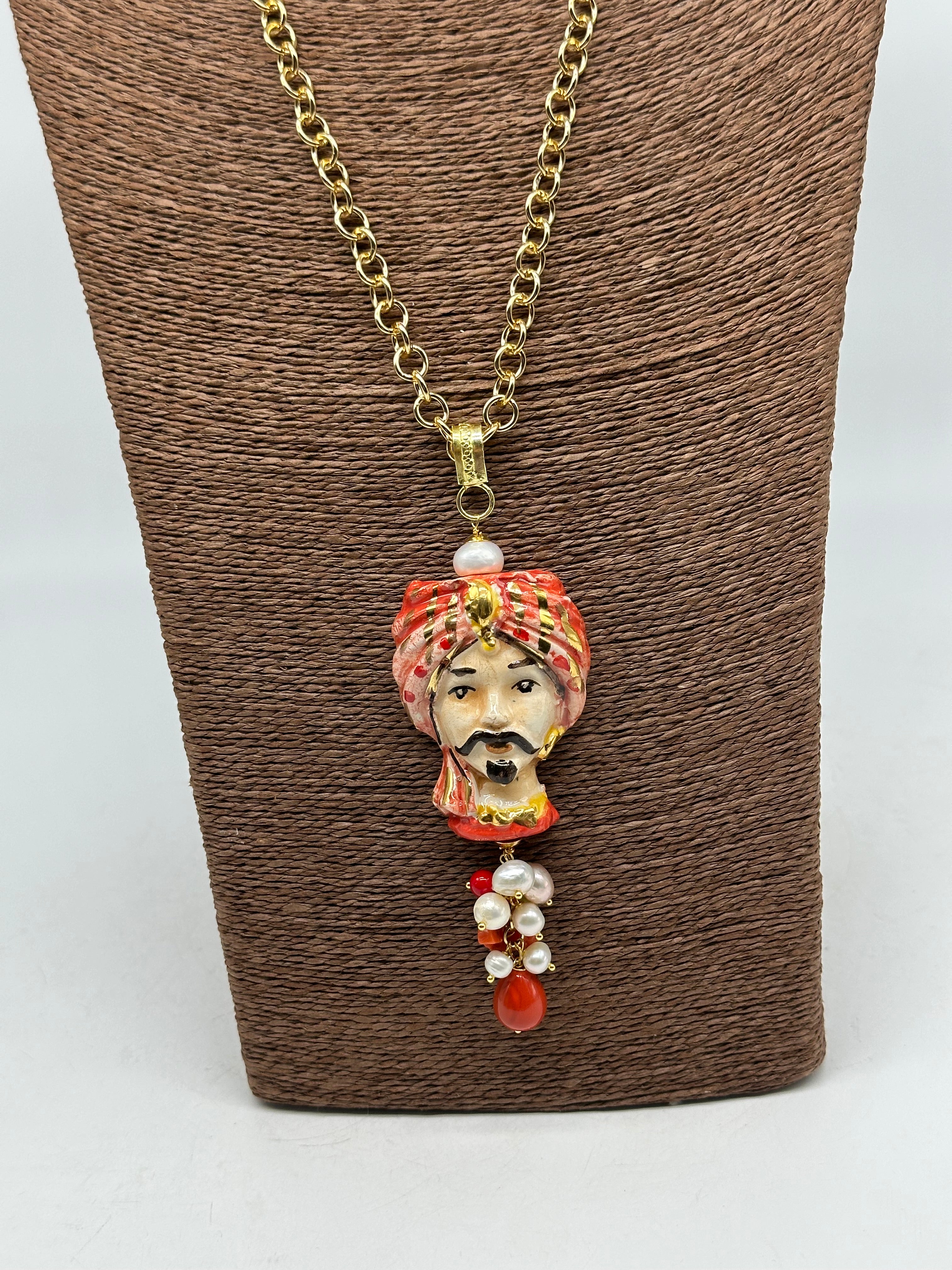 Collana Siciliana Testa di Moro Atena Ceramica di Caltagirone Turbante Rosso - COLLANA