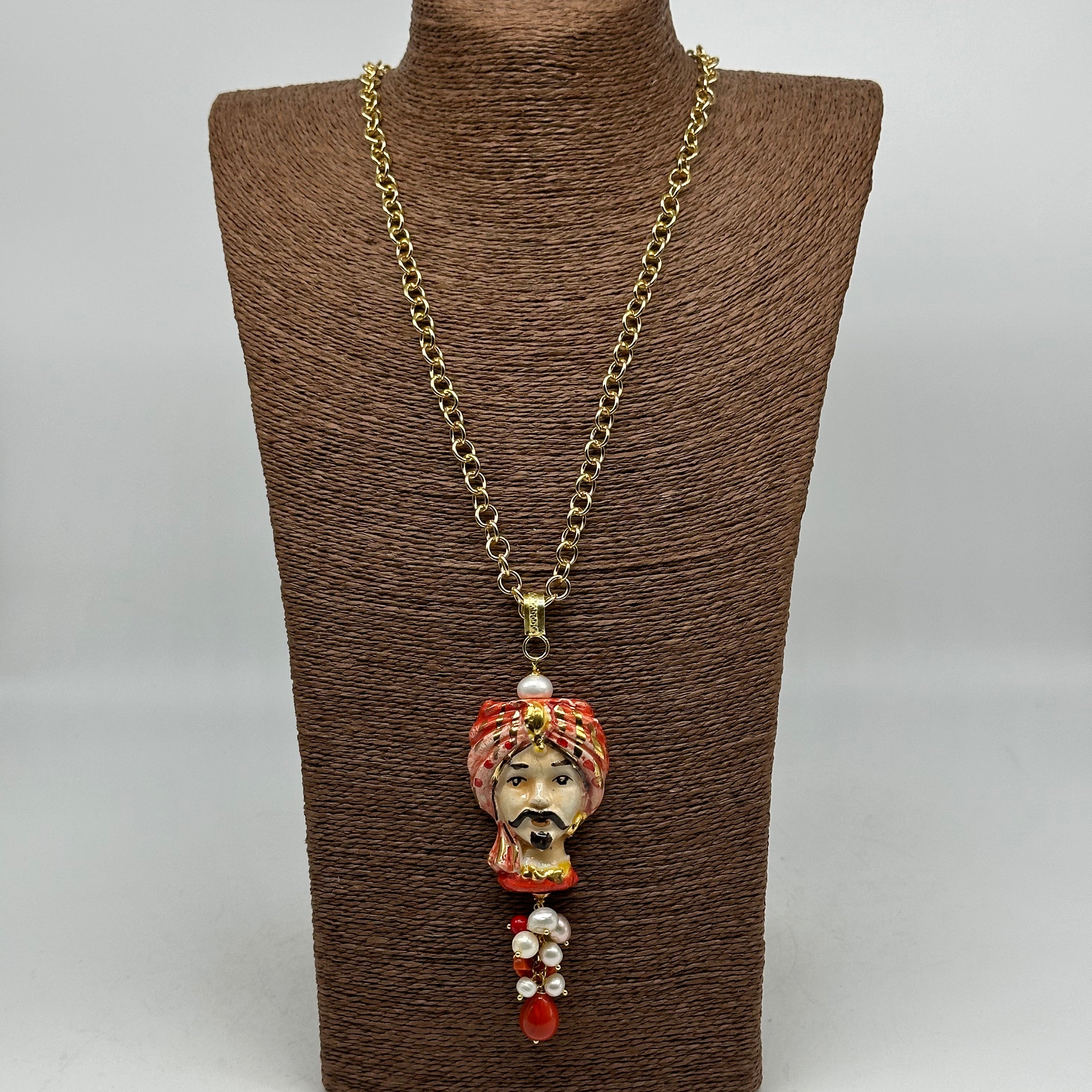 Collana Siciliana Testa di Moro Atena Ceramica di Caltagirone Turbante Rosso - COLLANA