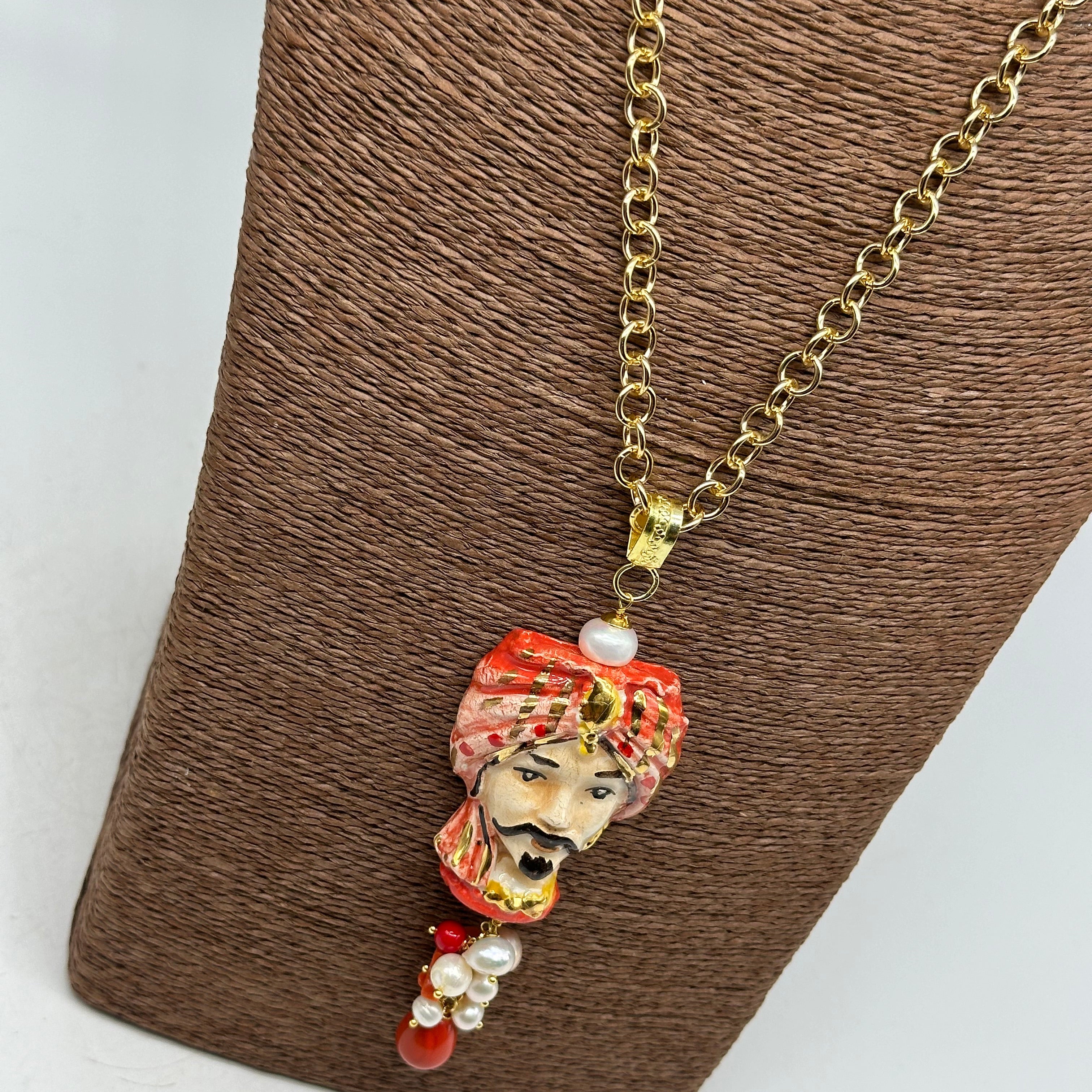 Collana Siciliana Testa di Moro Atena Ceramica di Caltagirone Turbante Rosso - COLLANA