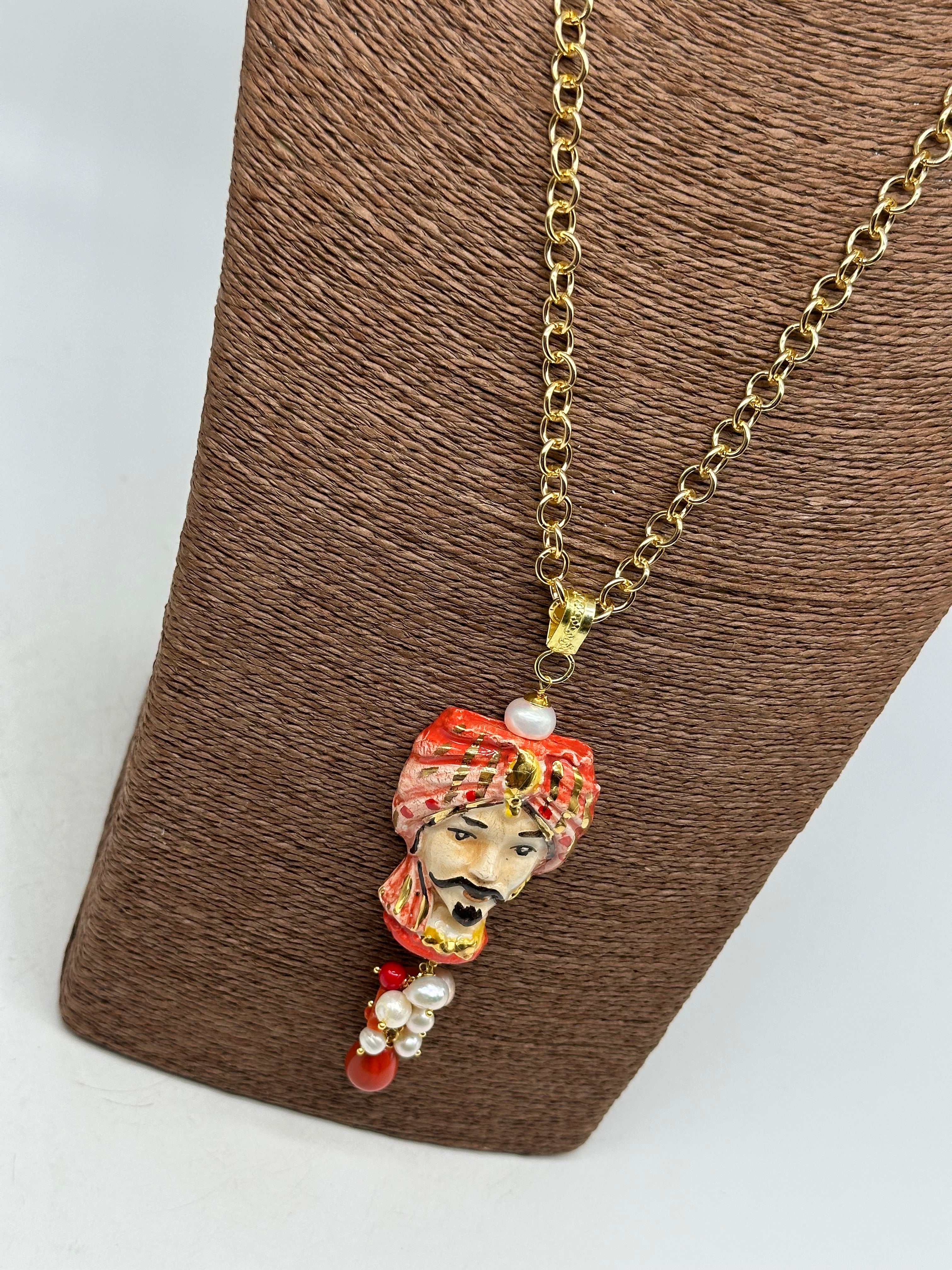 Collana Siciliana Testa di Moro Atena Ceramica di Caltagirone Turbante Rosso - COLLANA