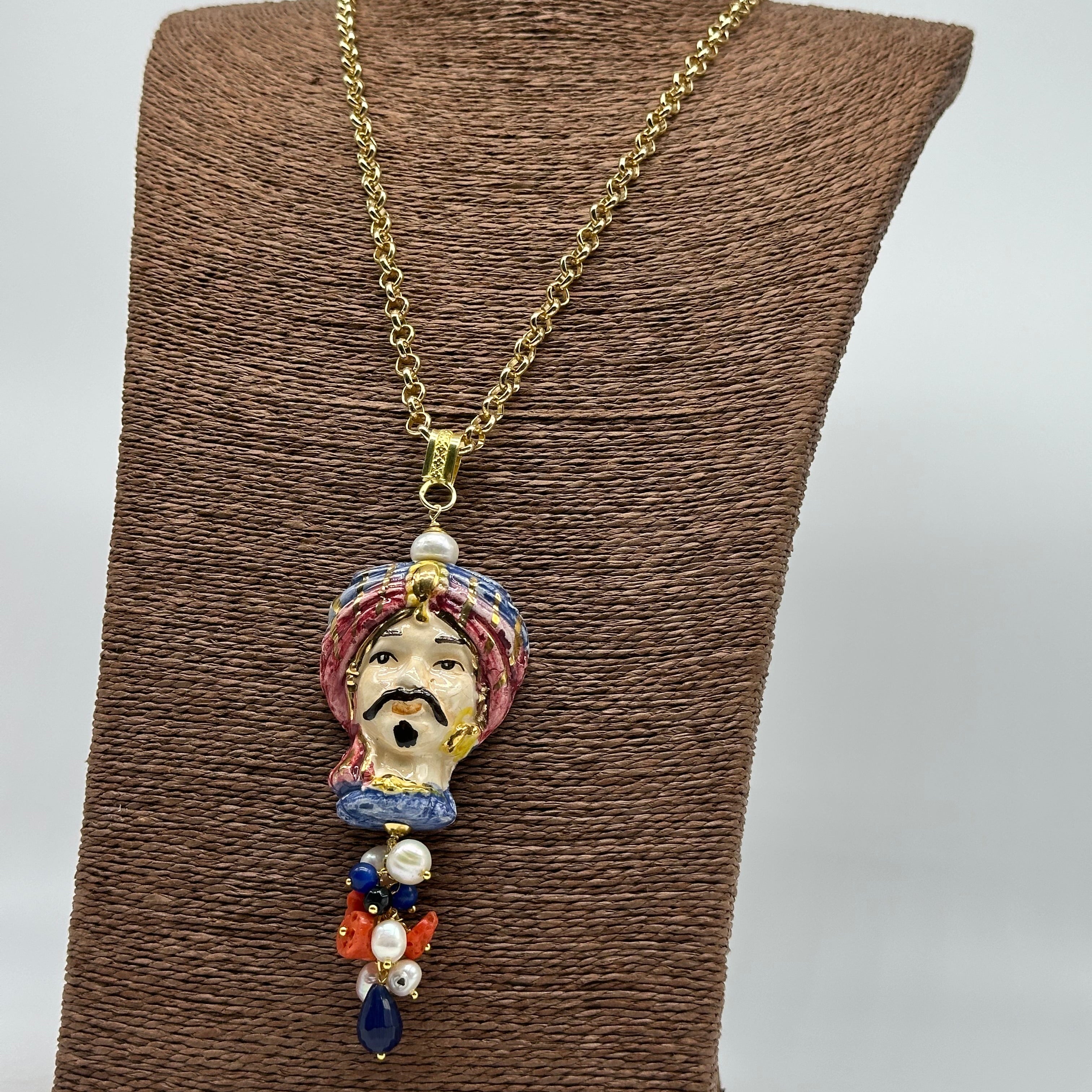 Collana Siciliana Testa di Moro Atena Ceramica di Caltagirone Turbante Blu-Lilla - COLLANA