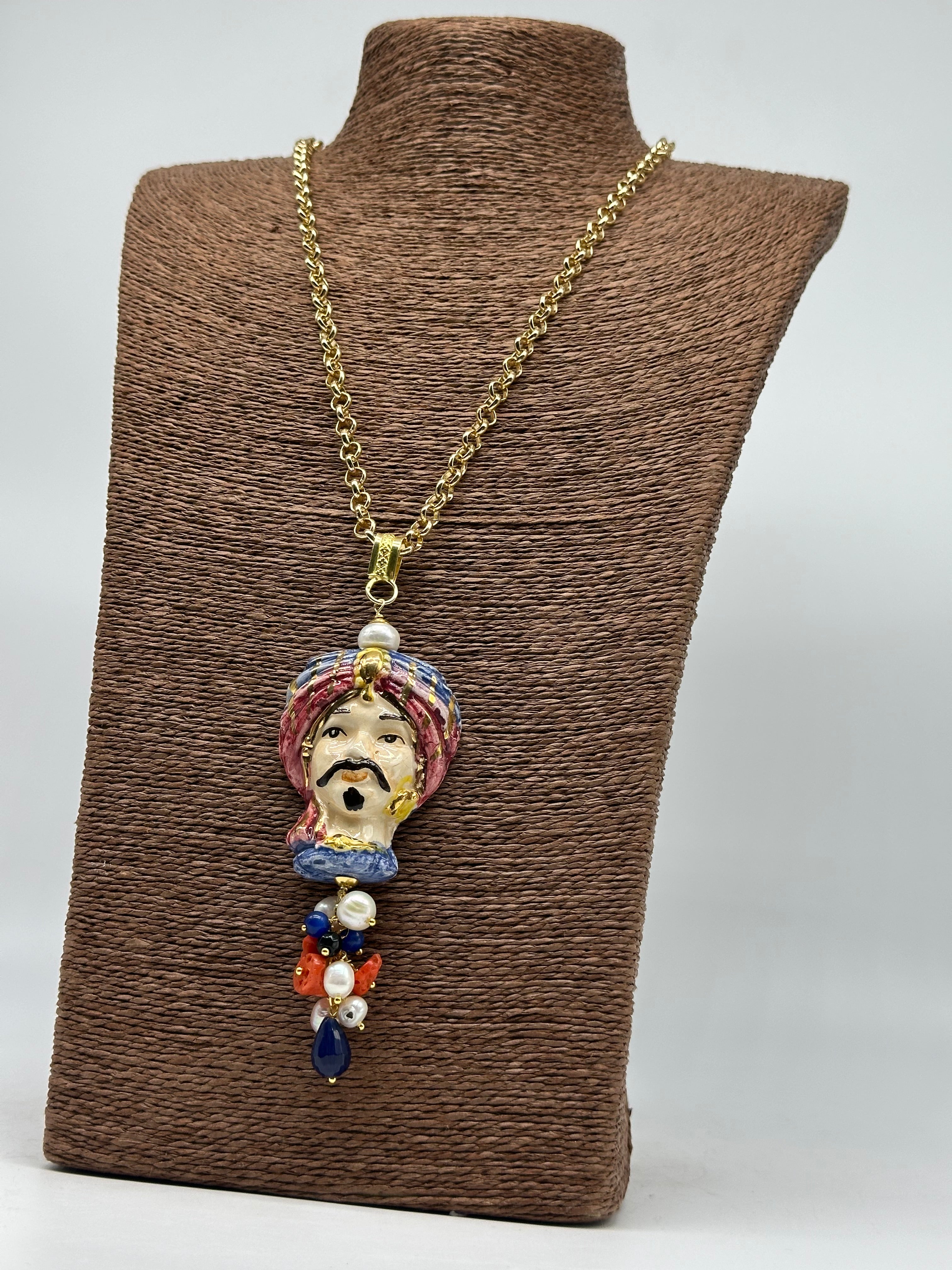 Collana Siciliana Testa di Moro Atena Ceramica di Caltagirone Turbante Blu-Lilla - COLLANA