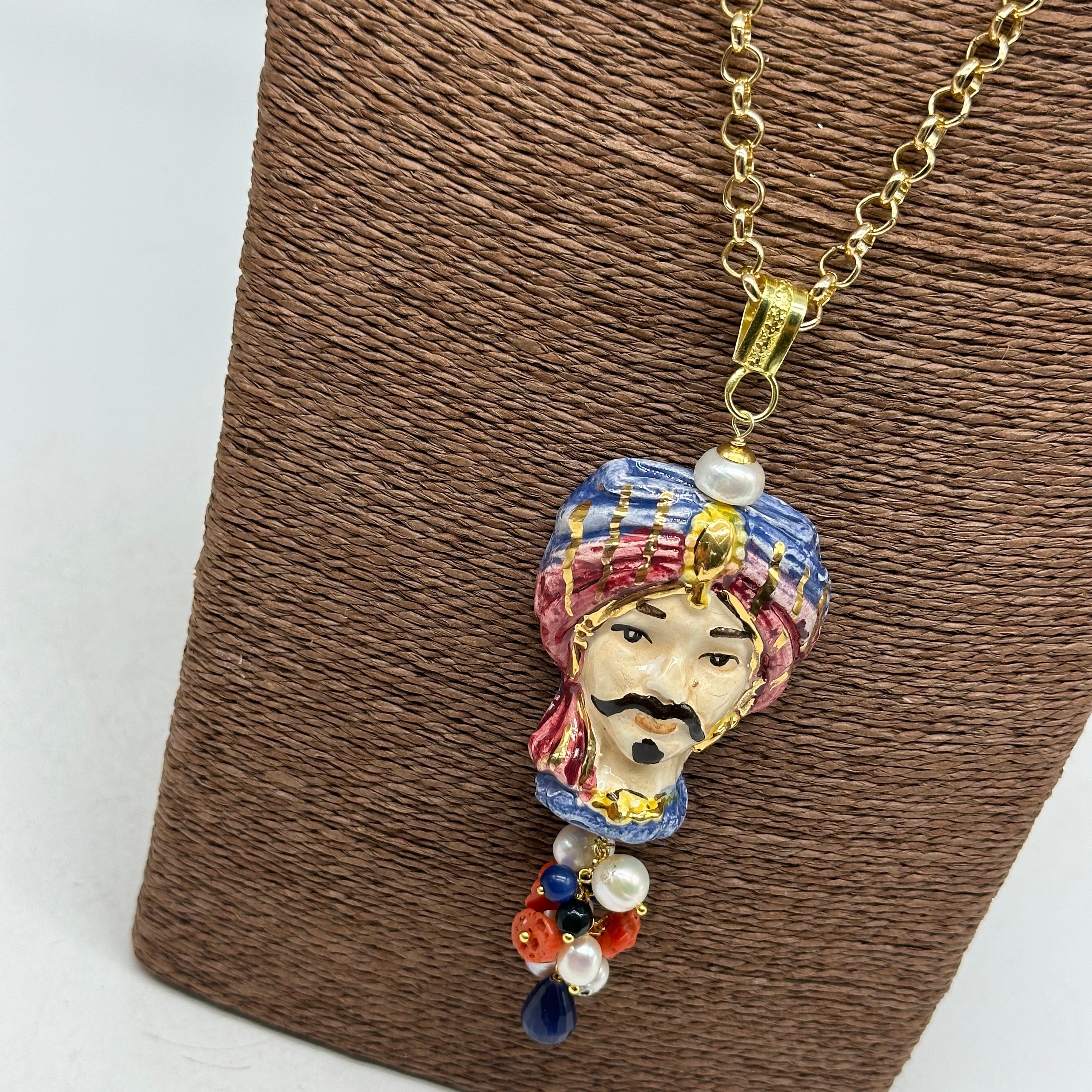 Collana Siciliana Testa di Moro Atena Ceramica di Caltagirone Turbante Blu-Lilla - COLLANA