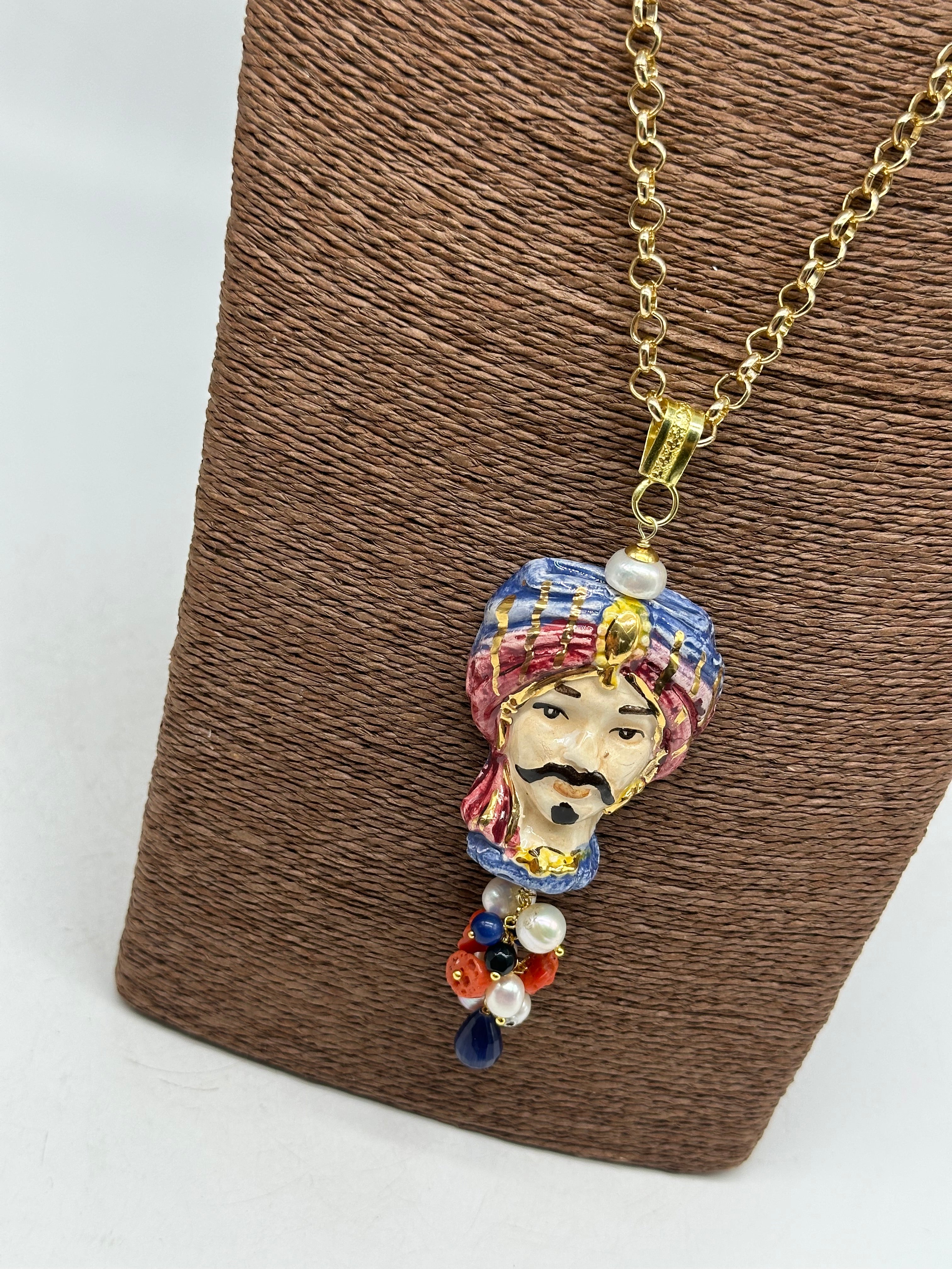 Collana Siciliana Testa di Moro Atena Ceramica di Caltagirone Turbante Blu-Lilla - COLLANA