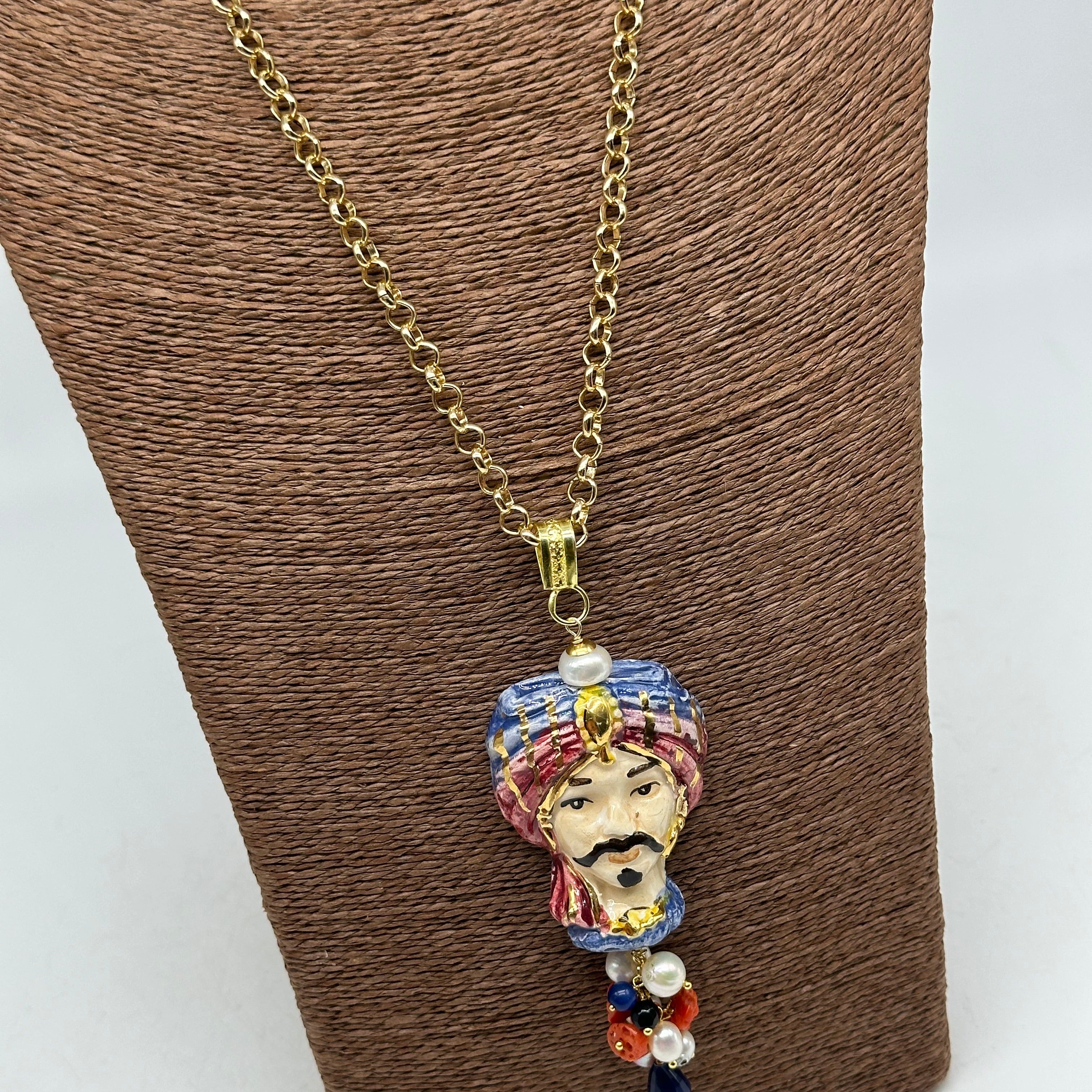 Collana Siciliana Testa di Moro Atena Ceramica di Caltagirone Turbante Blu-Lilla - COLLANA