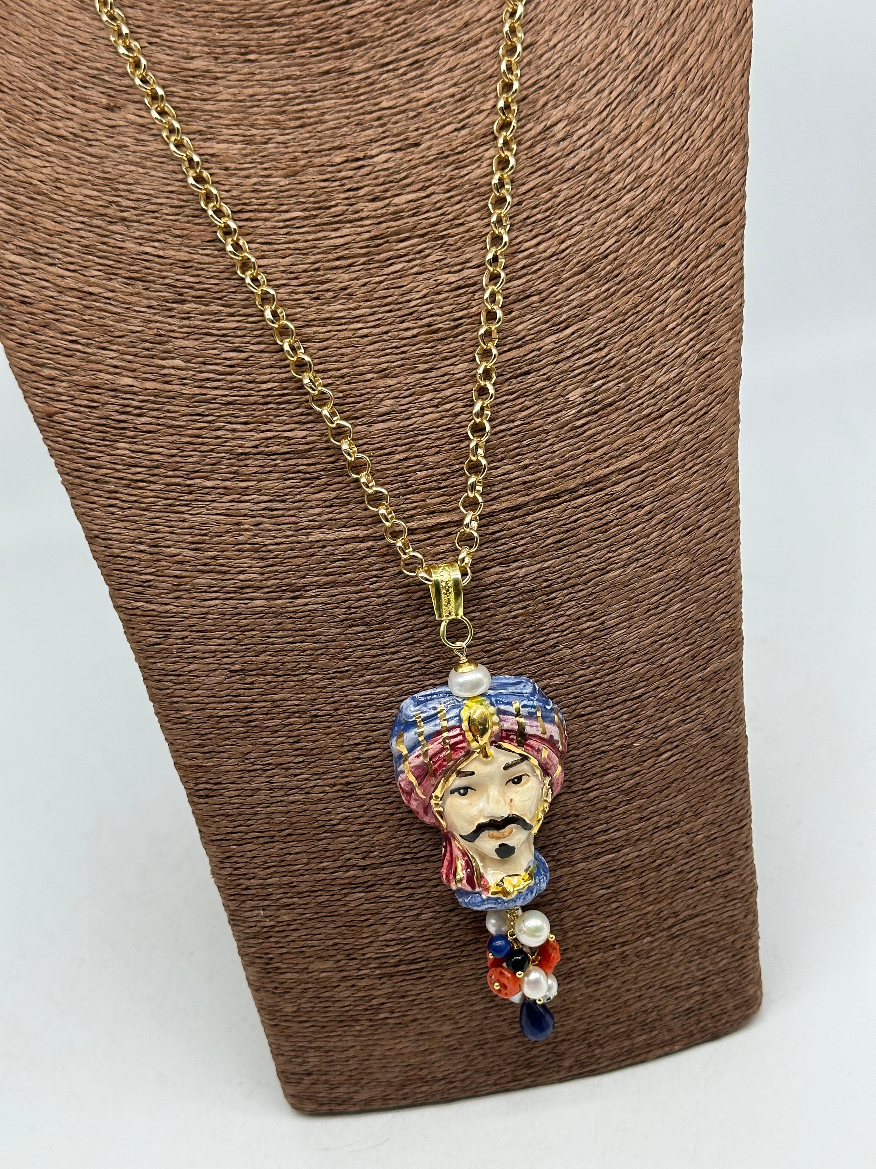 Collana Siciliana Testa di Moro Atena Ceramica di Caltagirone Turbante Blu-Lilla - COLLANA