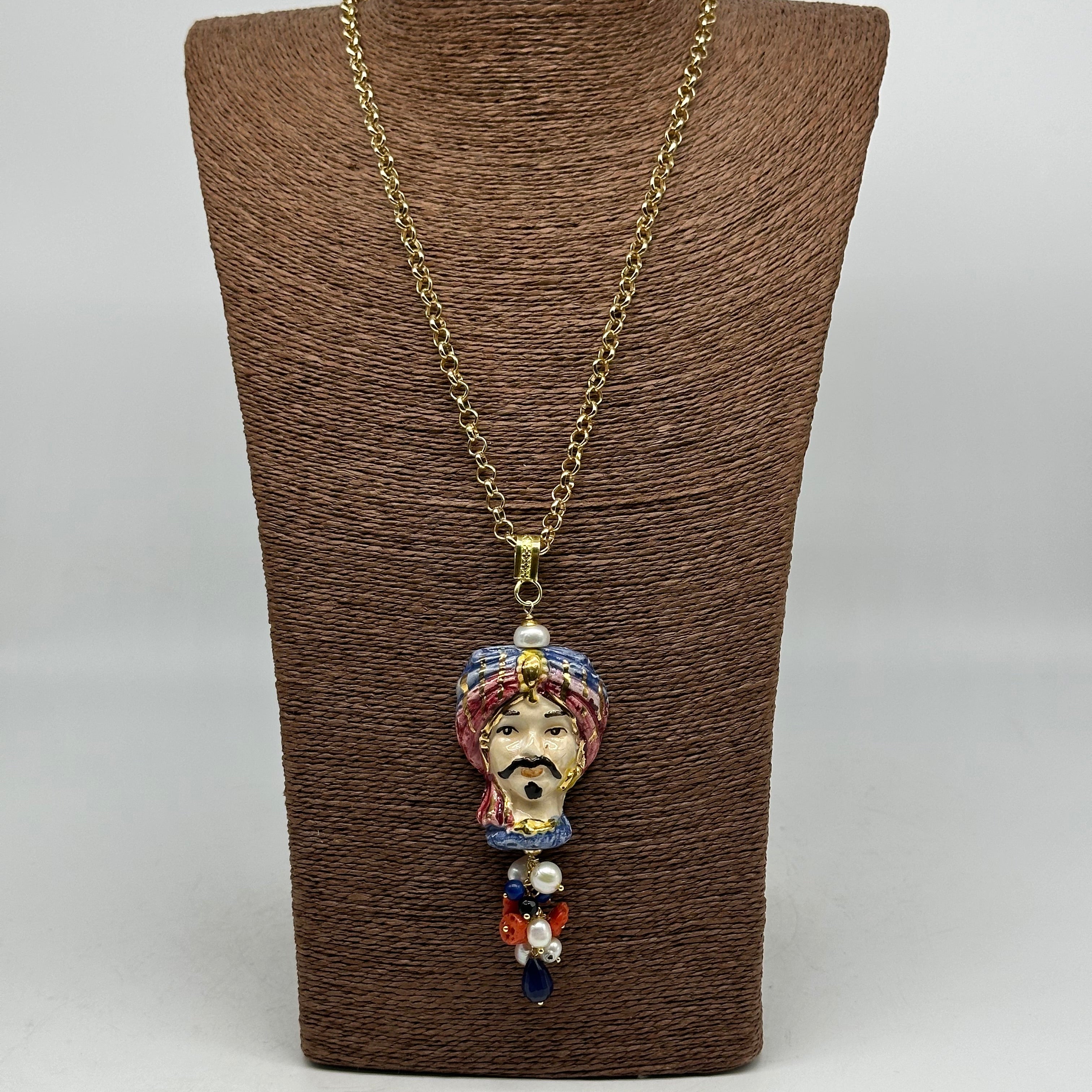 Collana Siciliana Testa di Moro Atena Ceramica di Caltagirone Turbante Blu-Lilla - COLLANA