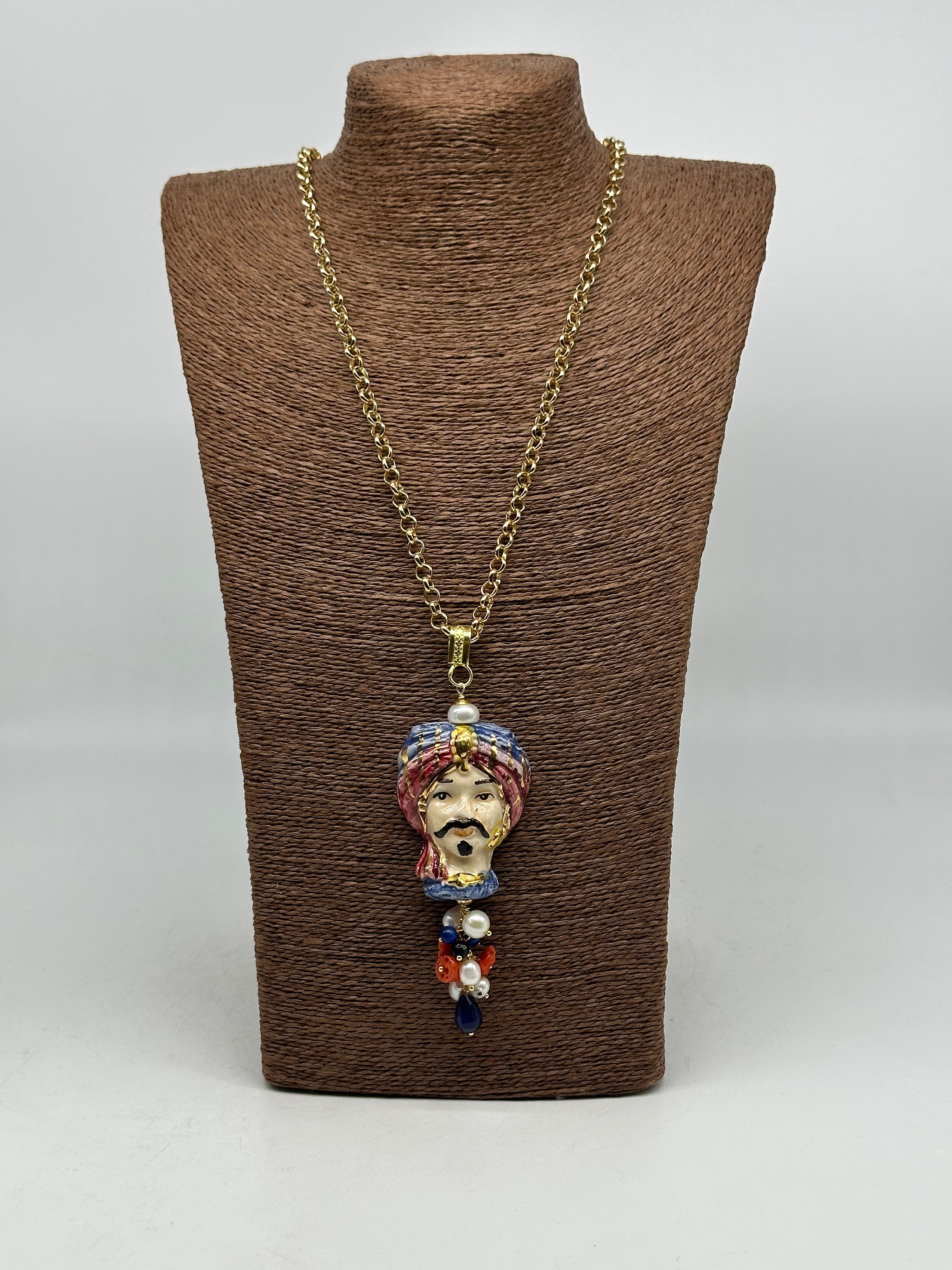 Collana Siciliana Testa di Moro Atena Ceramica di Caltagirone Turbante Blu-Lilla - COLLANA