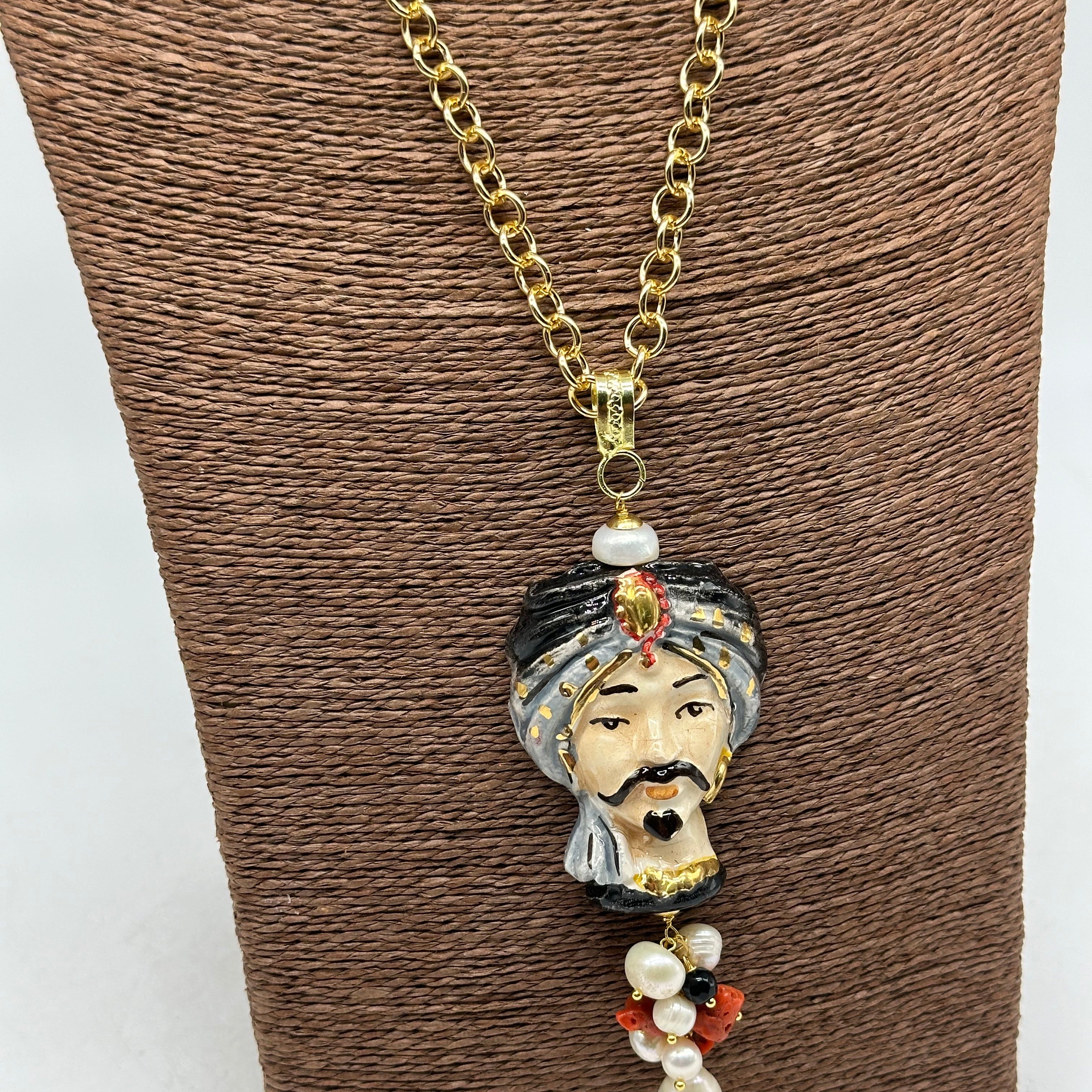 Collana Siciliana Testa di Moro Atena Ceramica di Caltagirone Turbante Nero-Grigio - COLLANA