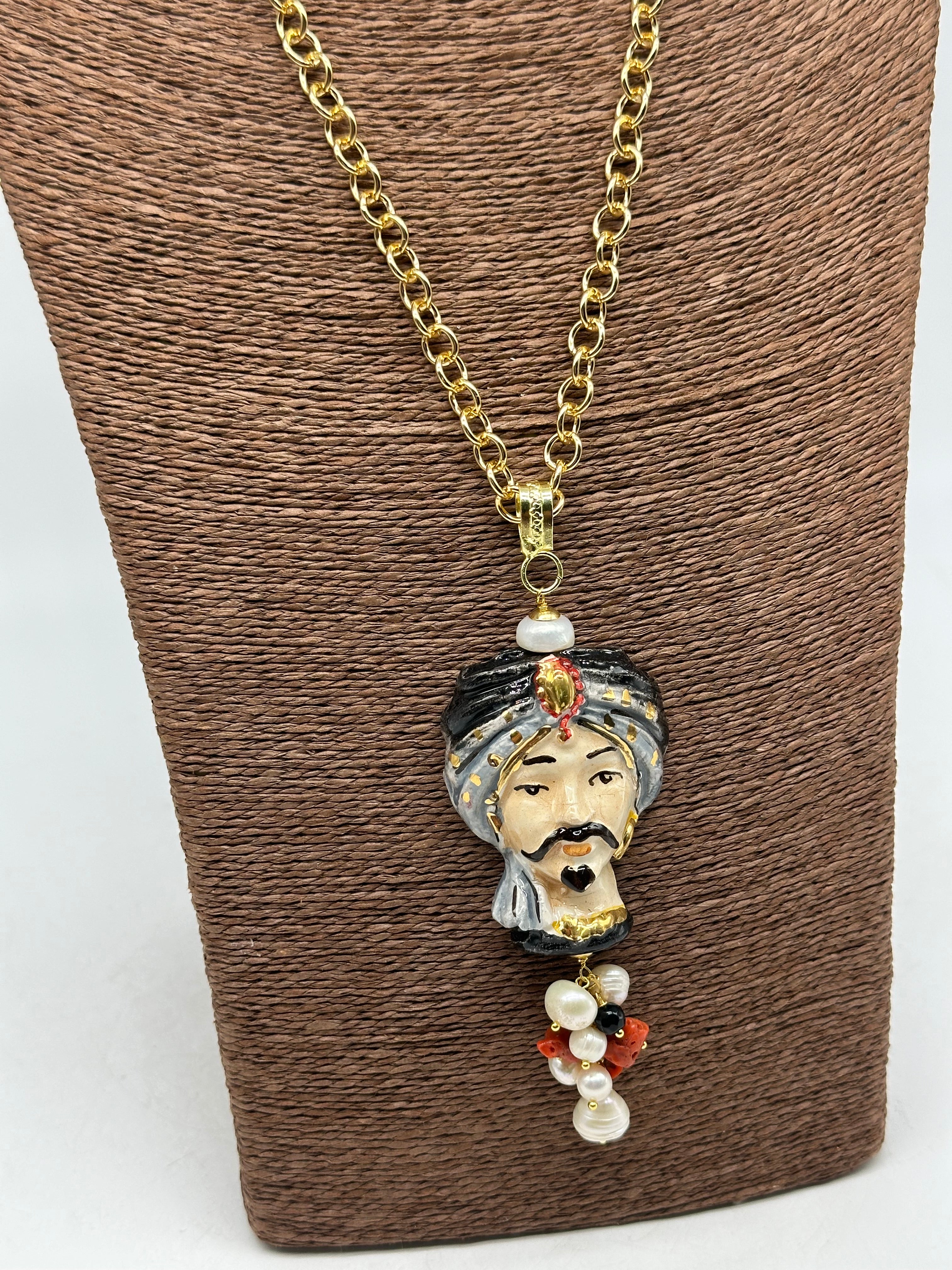 Collana Siciliana Testa di Moro Atena Ceramica di Caltagirone Turbante Nero-Grigio - COLLANA