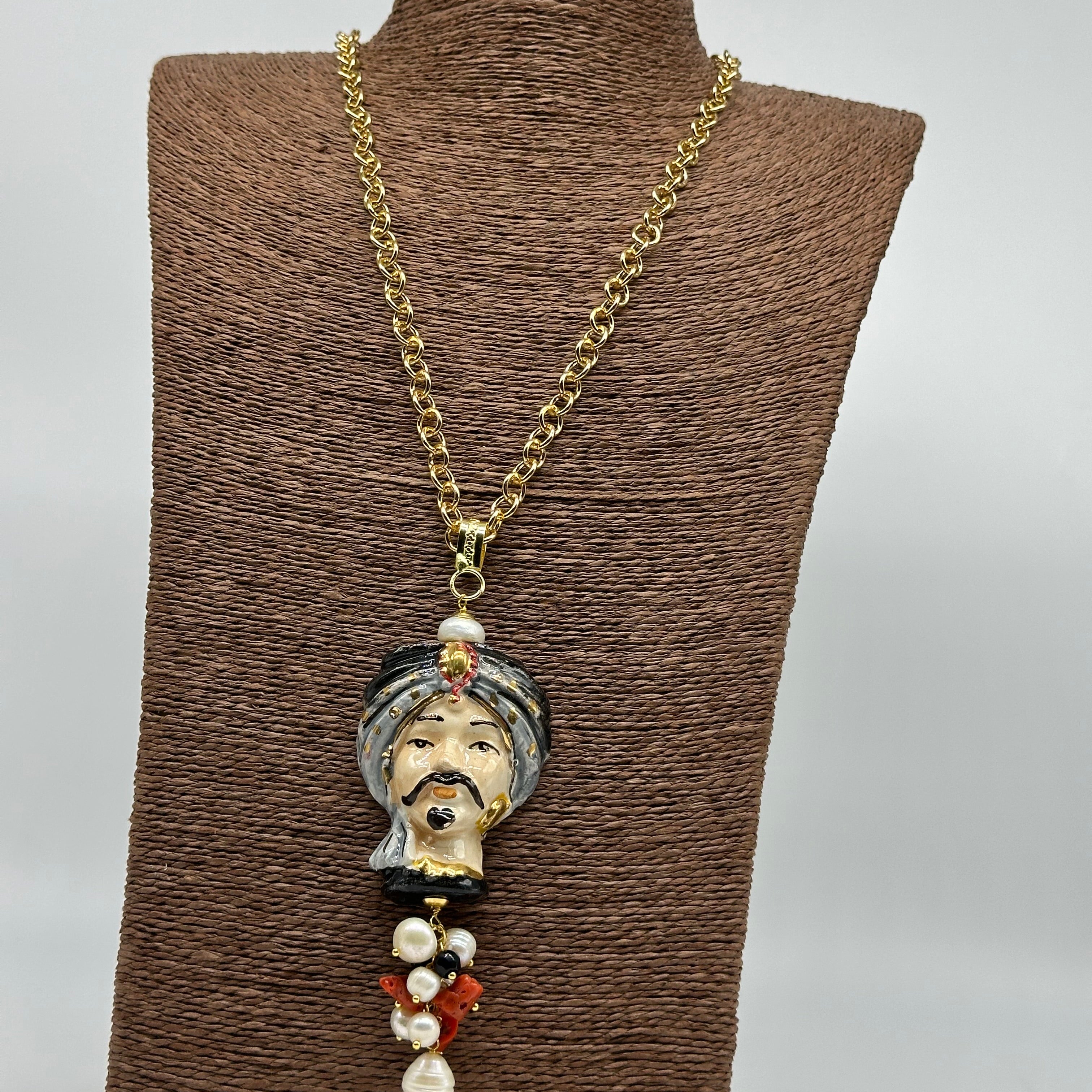 Collana Siciliana Testa di Moro Atena Ceramica di Caltagirone Turbante Nero-Grigio - COLLANA
