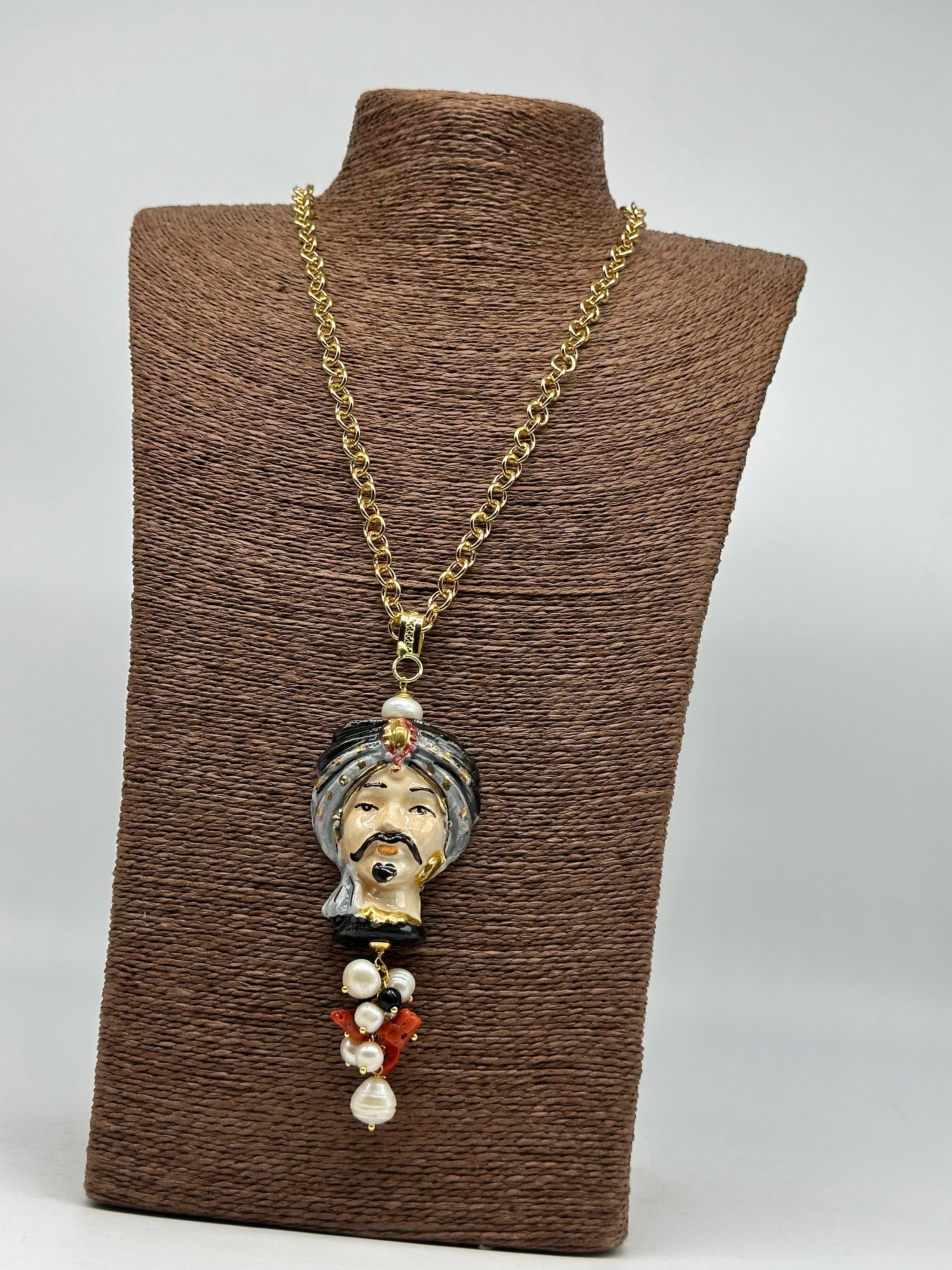 Collana Siciliana Testa di Moro Atena Ceramica di Caltagirone Turbante Nero-Grigio - COLLANA