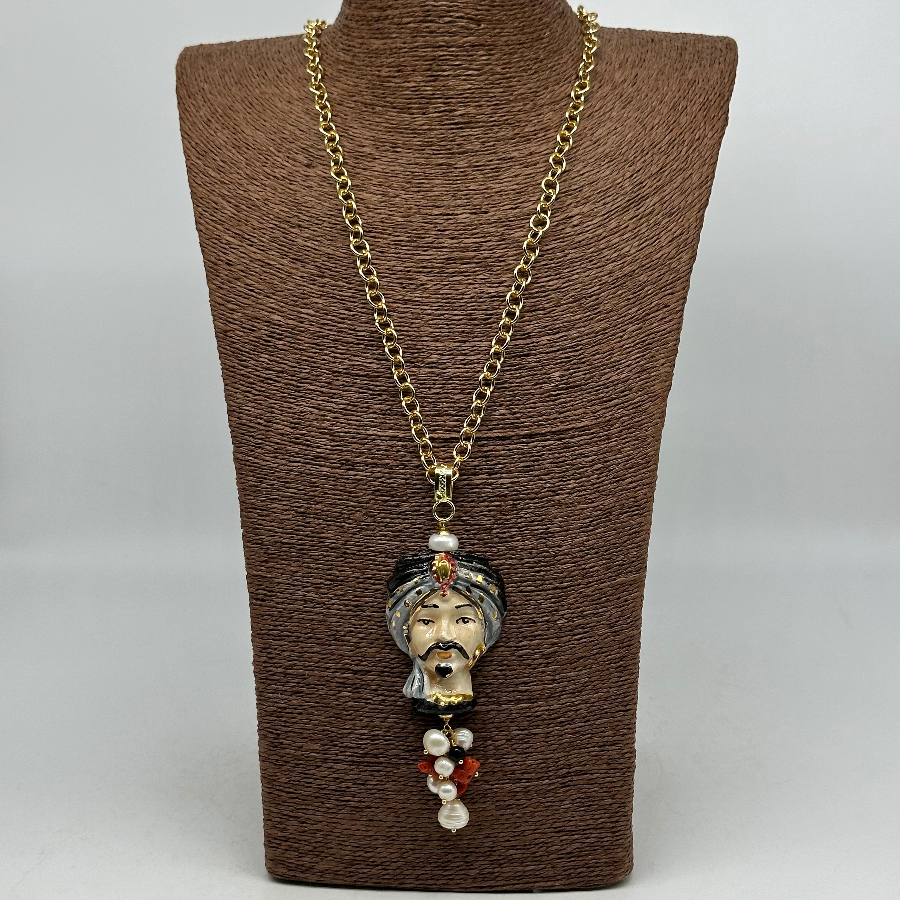 Collana Siciliana Testa di Moro Atena Ceramica di Caltagirone Turbante Nero-Grigio - COLLANA