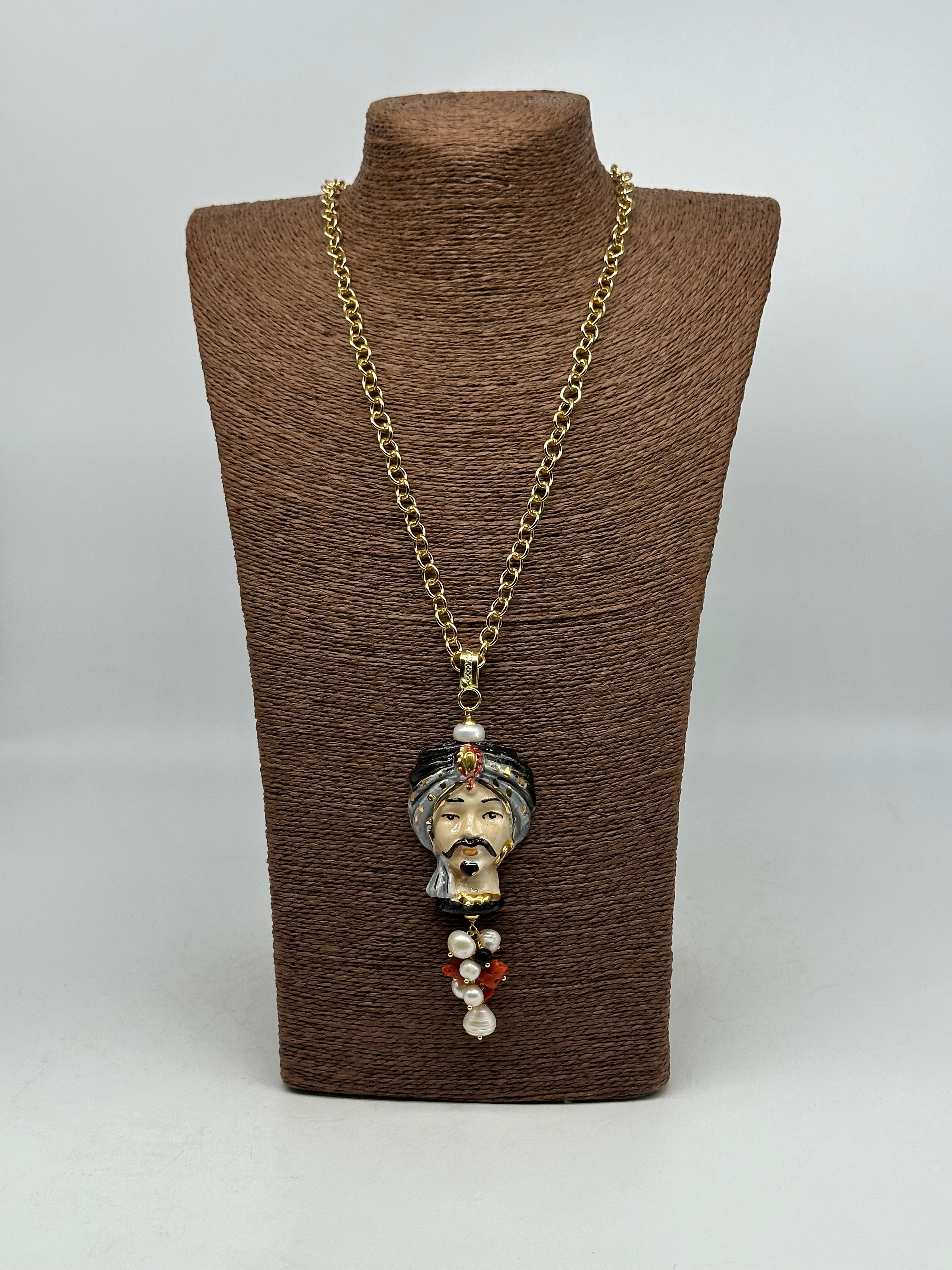 Collana Siciliana Testa di Moro Atena Ceramica di Caltagirone Turbante Nero-Grigio - COLLANA