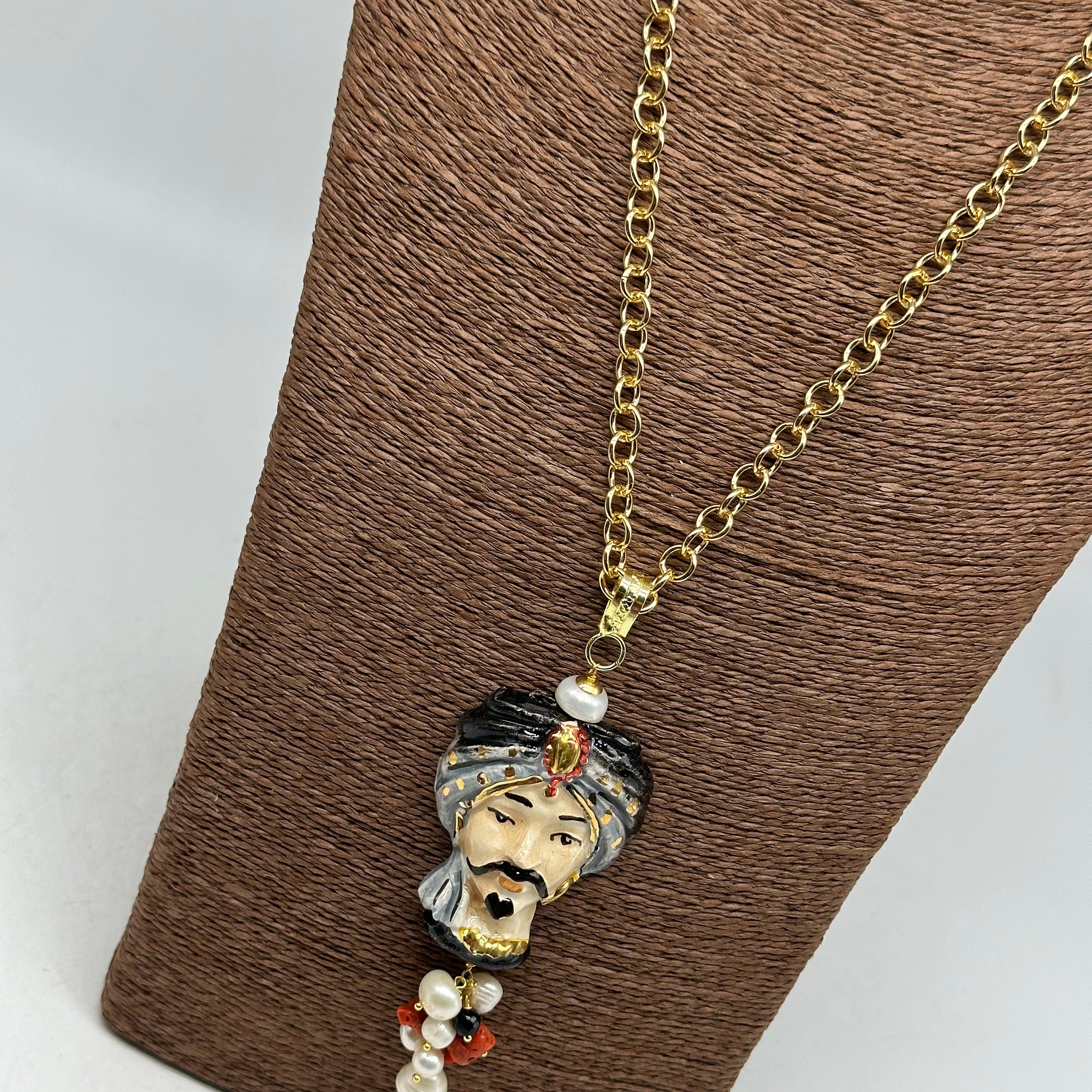 Collana Siciliana Testa di Moro Atena Ceramica di Caltagirone Turbante Nero-Grigio - COLLANA